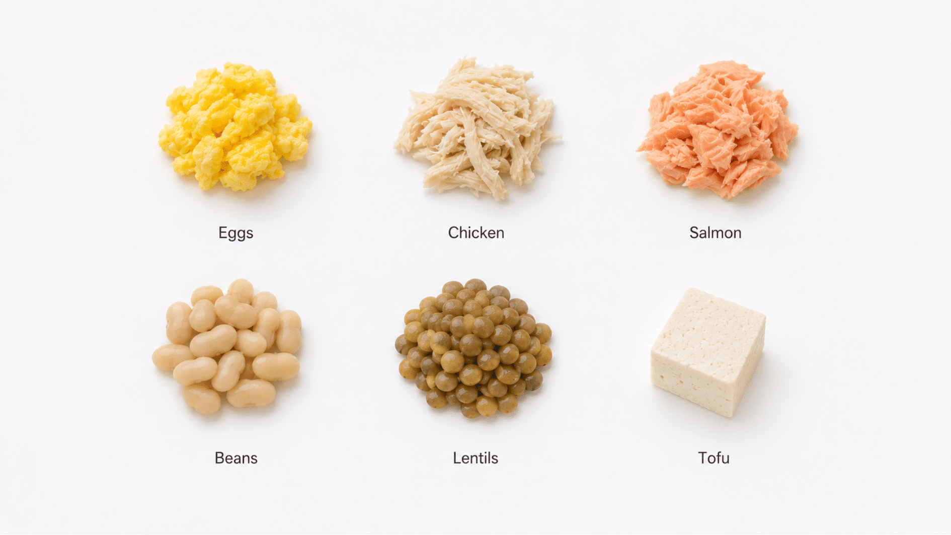 six baby-led weaning proteins on white background scrambled eggs, chicken, salmon, beans, lentils, and tofu.
