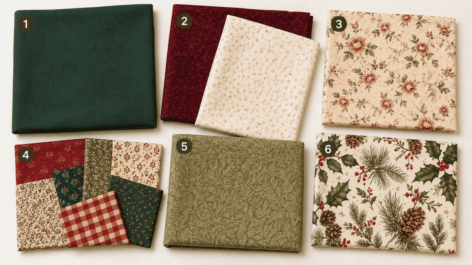 six numbered fabric swatches for irish chain quilting including solid floral scrappy and seasonal fabric types