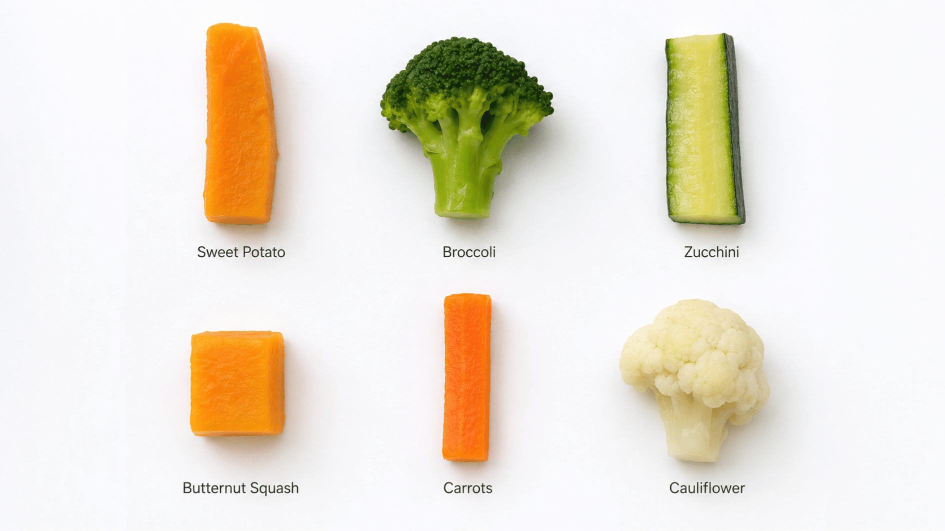 six steamed baby-led weaning vegetables on white background sweet potato, broccoli, zucchini, butternut squash, carrots, cauliflower.