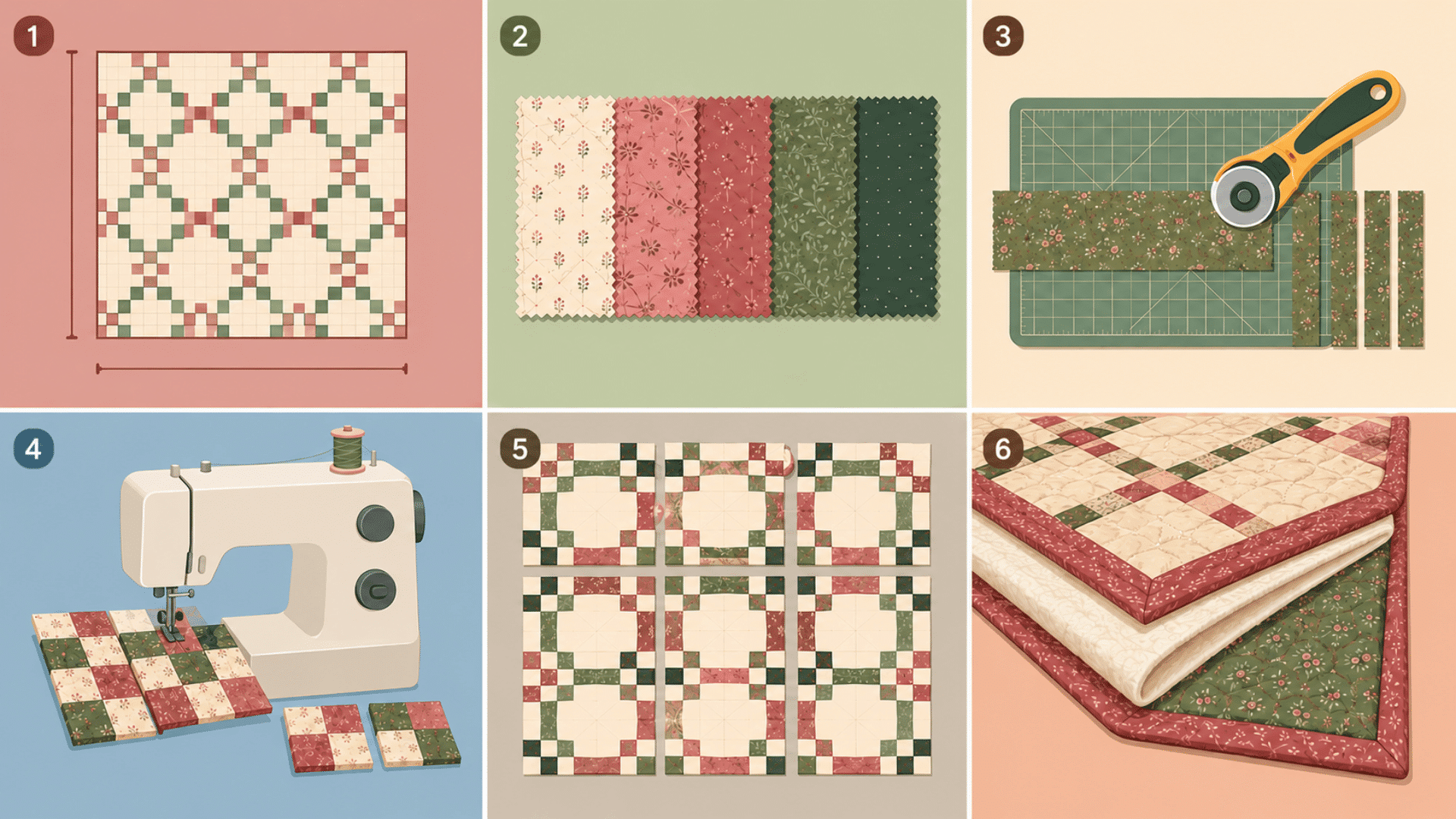 six step illustrated guide to making an irish chain quilt with numbered steps from planning to finished binding