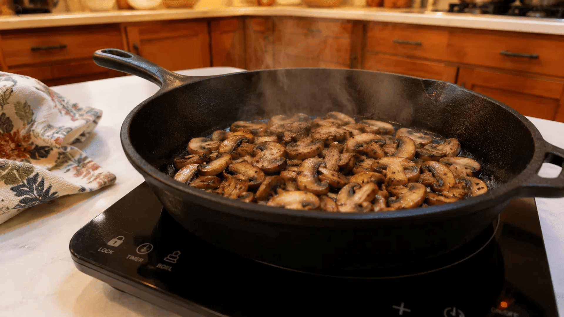 sliced mushrooms sautéing in a cast iron skillet with light steam rising from the pan