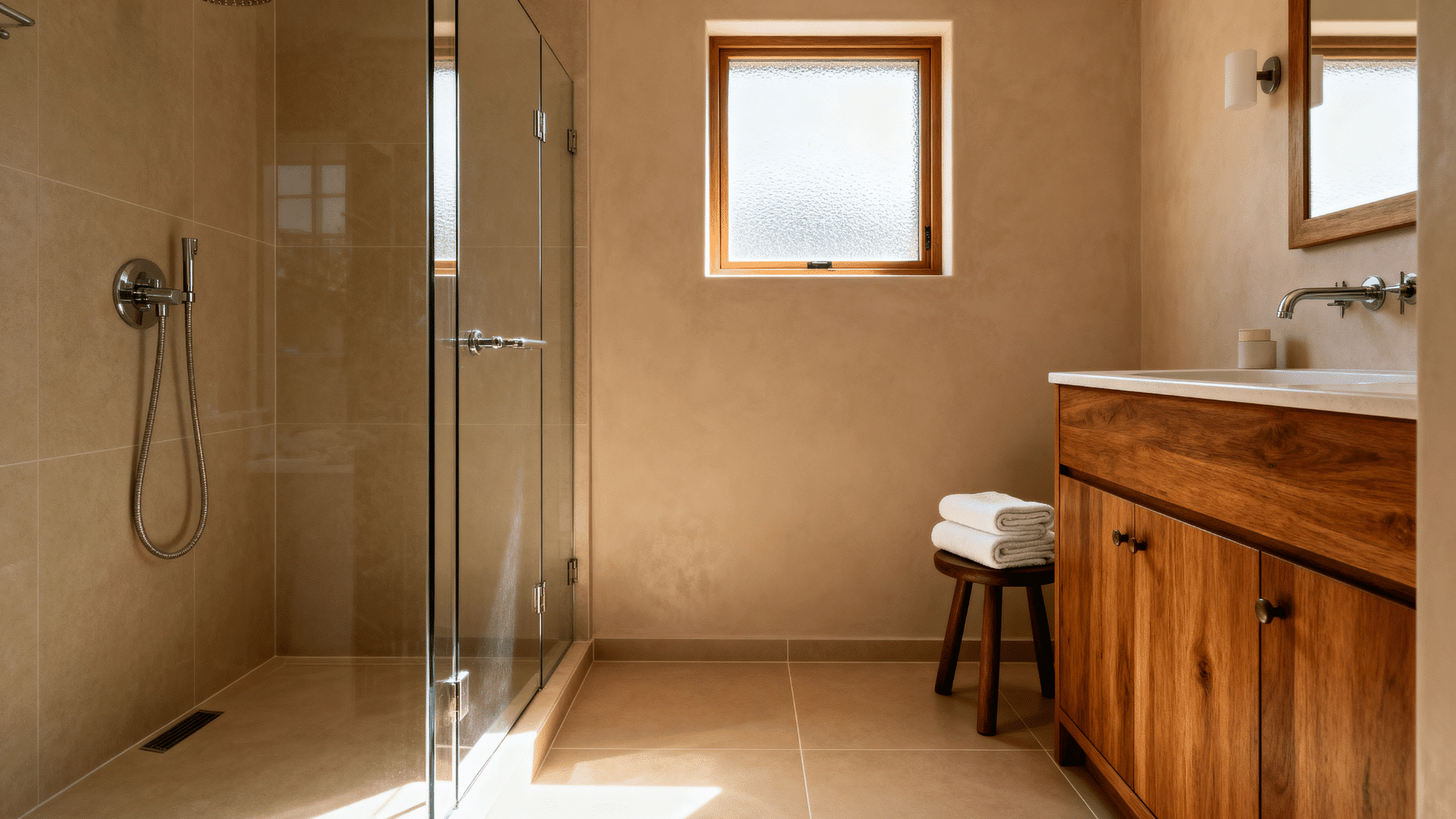 small bathroom with clear glass shower panel and warm oak vanity