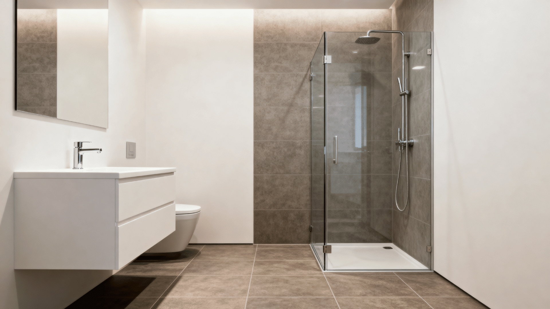 small bathroom with matching floor tile continuing into the shower