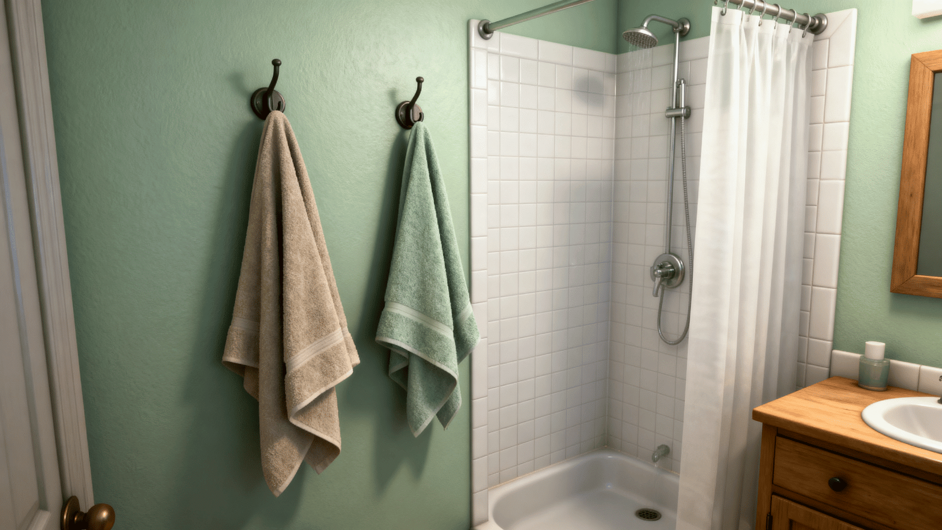small bathroom with towel hooks placed beside the walk-in shower