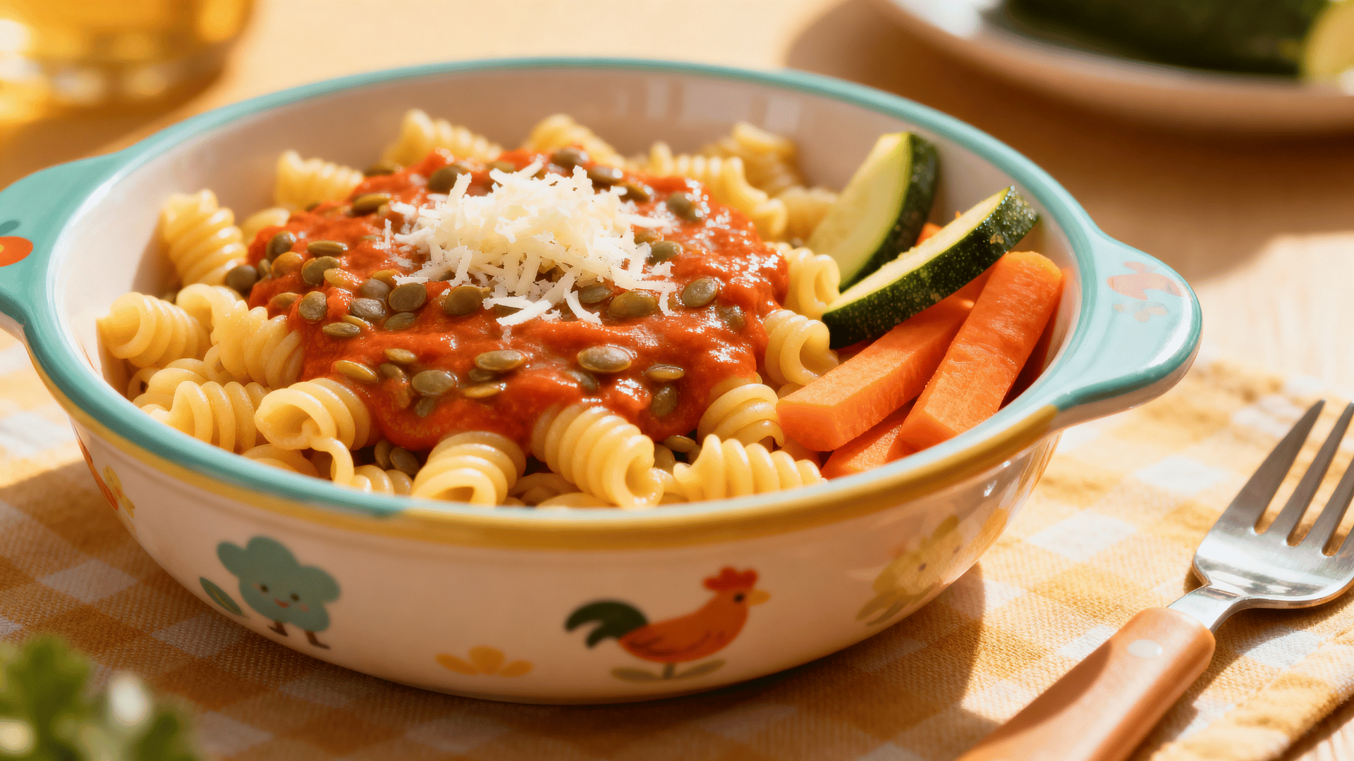 small pasta with lentil tomato sauce and soft vegetables in a toddler bowl