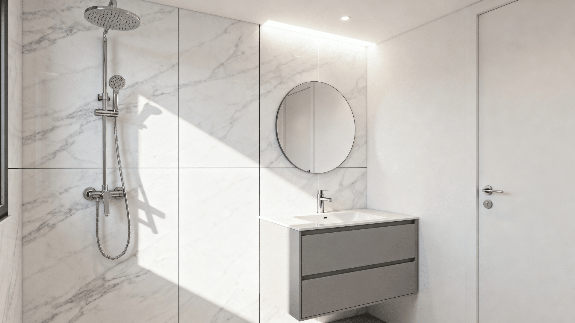 small shower with large marble-look wall tiles and minimal grout lines