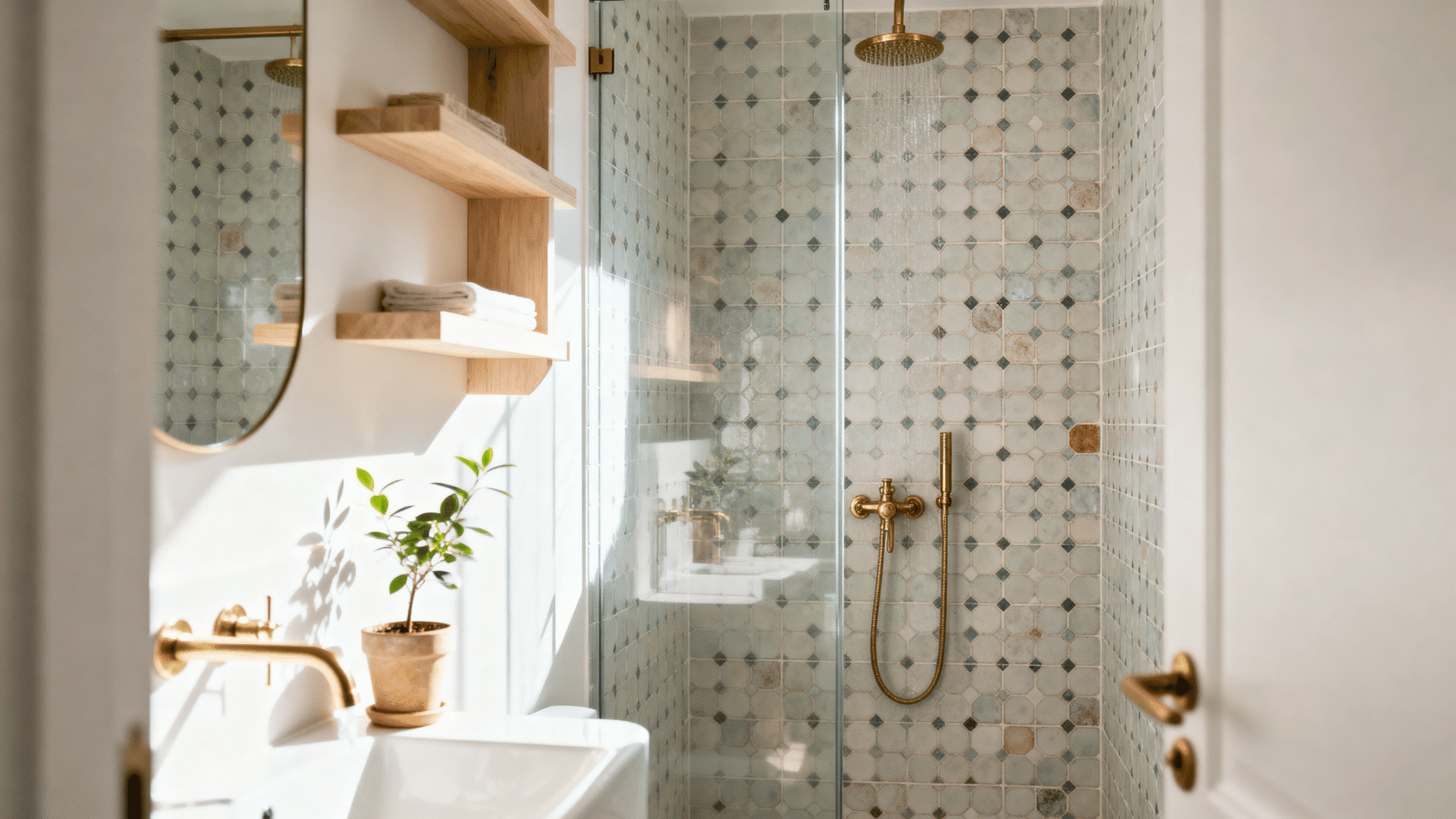 small shower with vertical blue-gray tile that makes the wall feel taller
