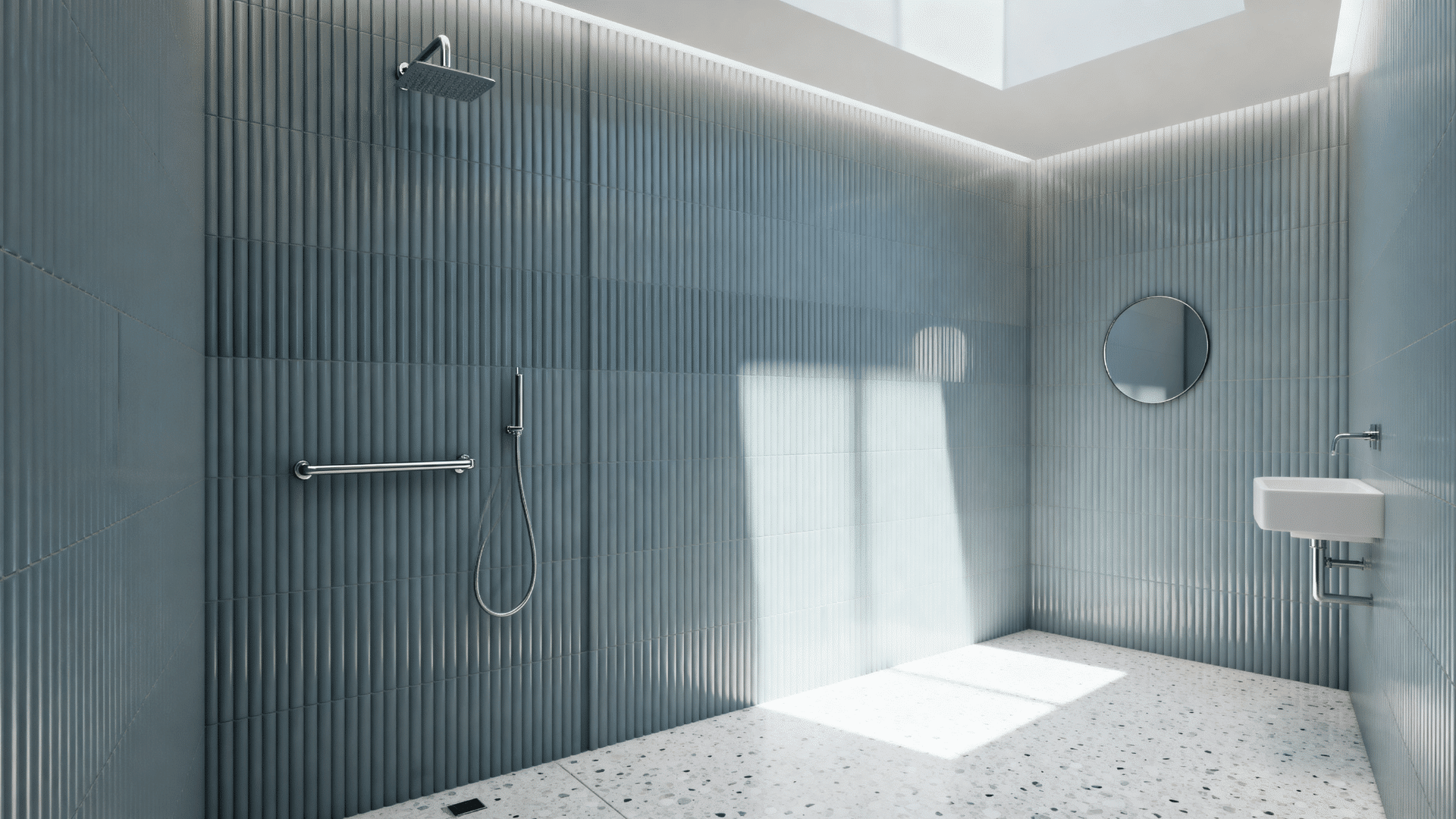 small square bathroom with corner walk-in shower and patterned floor tile