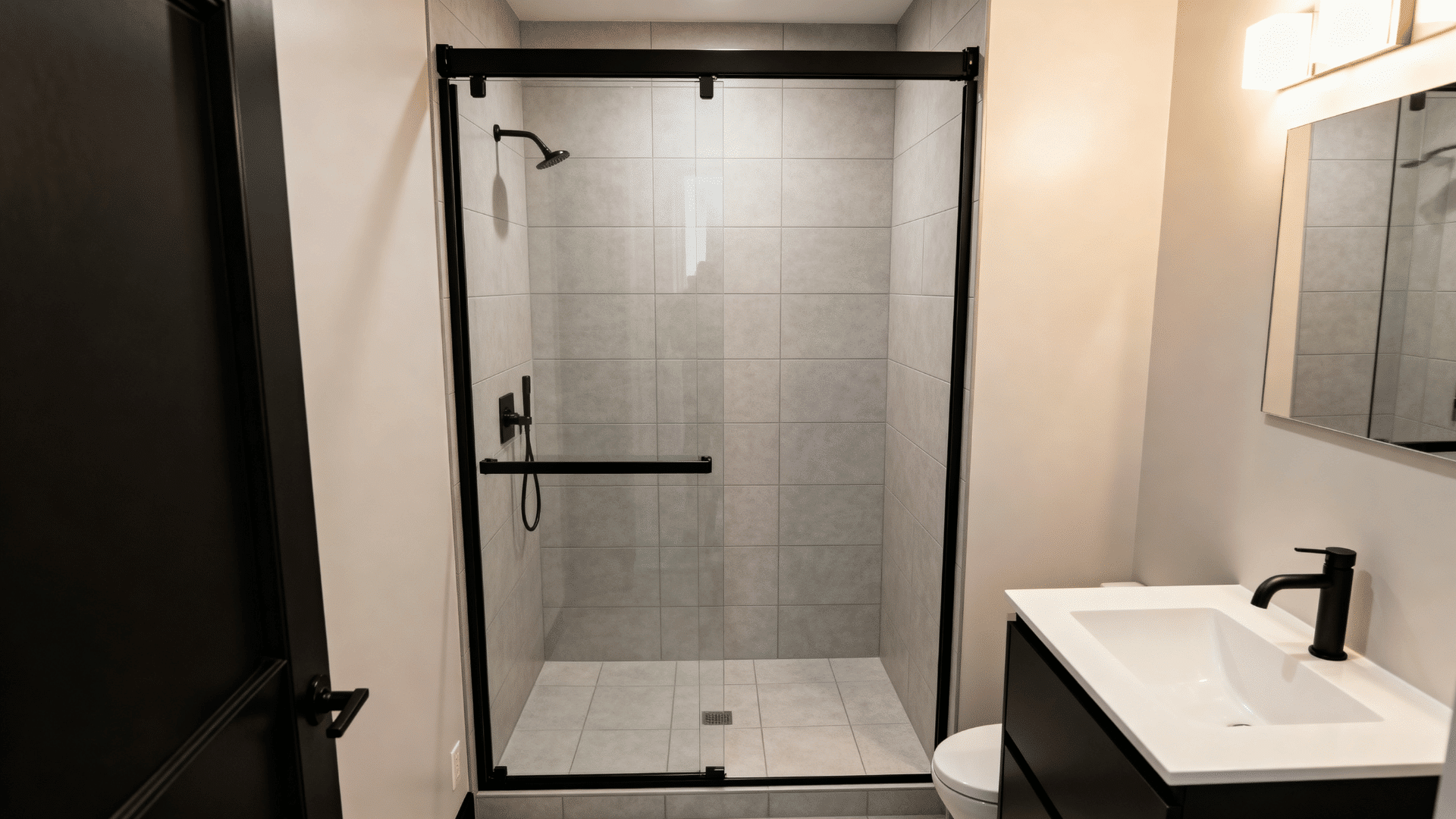 small stand-up shower with sliding glass door and matte black track