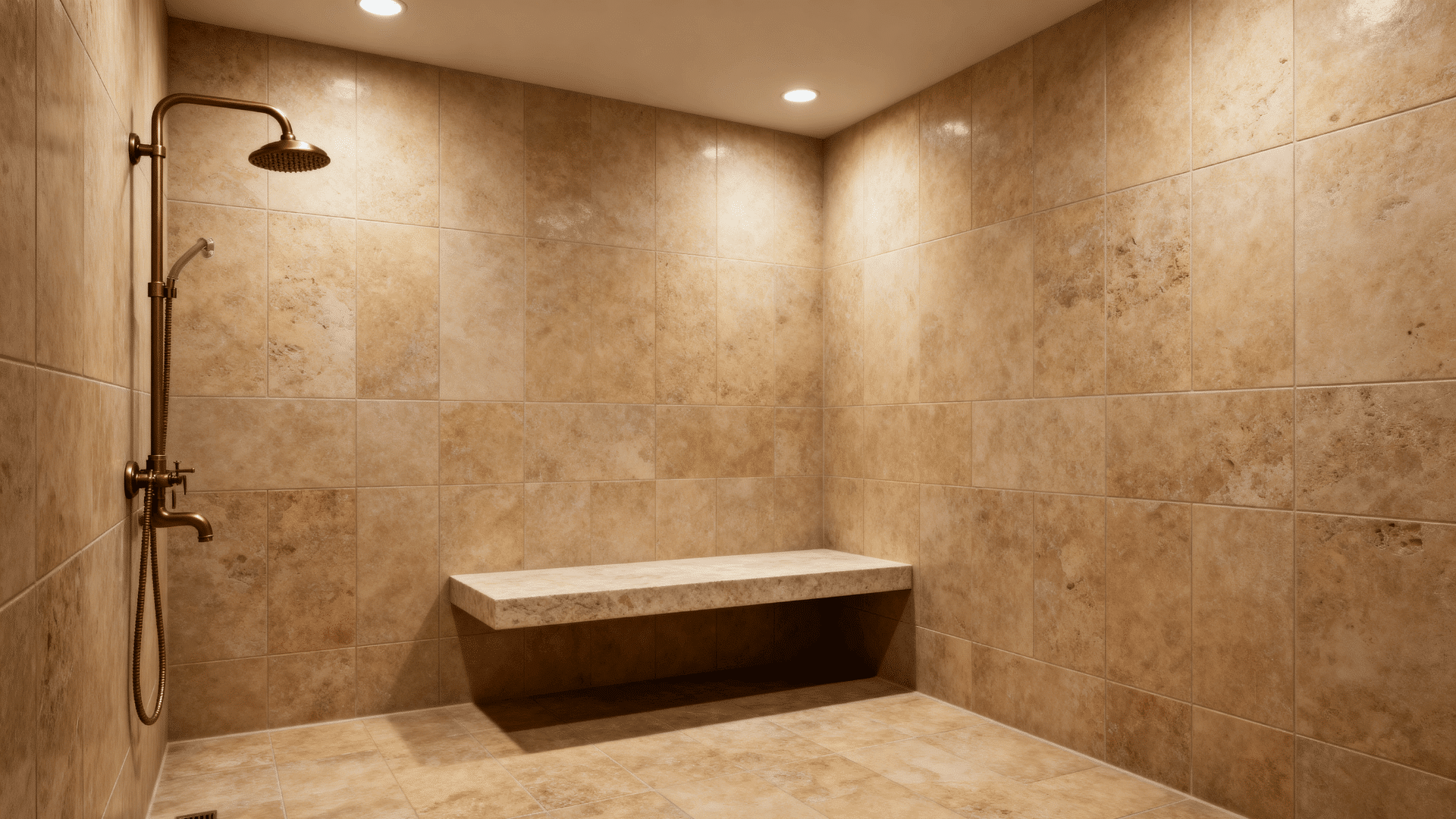 small walk-in shower with slim floating bench and warm stone tile