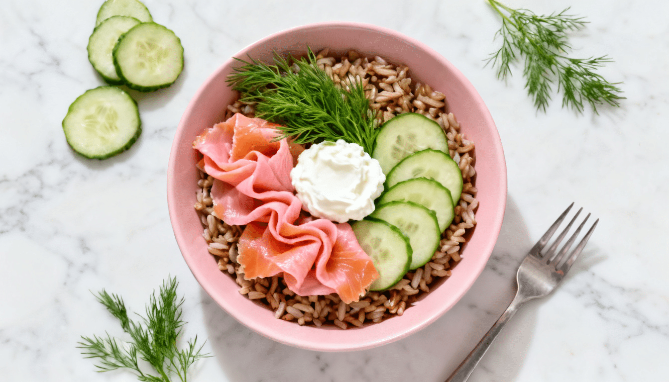 smoked salmon breakfast bowl with brown rice cucumber slices cream cheese and fresh dill in a pink bowl on marble surface