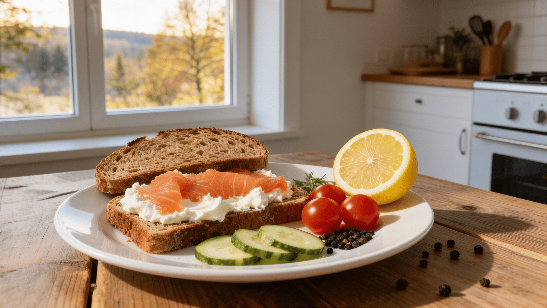 smoked salmon breakfast plate with toast, cucumber, tomato, lemon, and yogurt spread