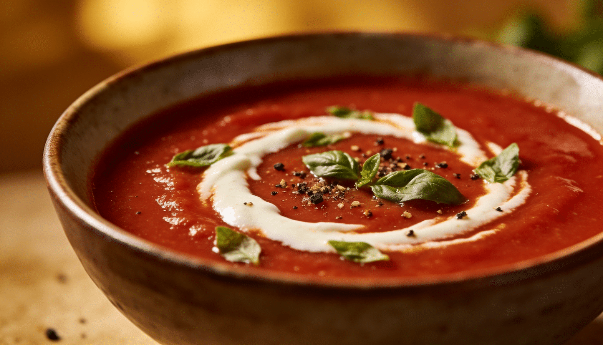 smooth tomato basil soup garnished with fresh basil leaves, cream swirl, and cracked pepper in a rustic ceramic bowl
