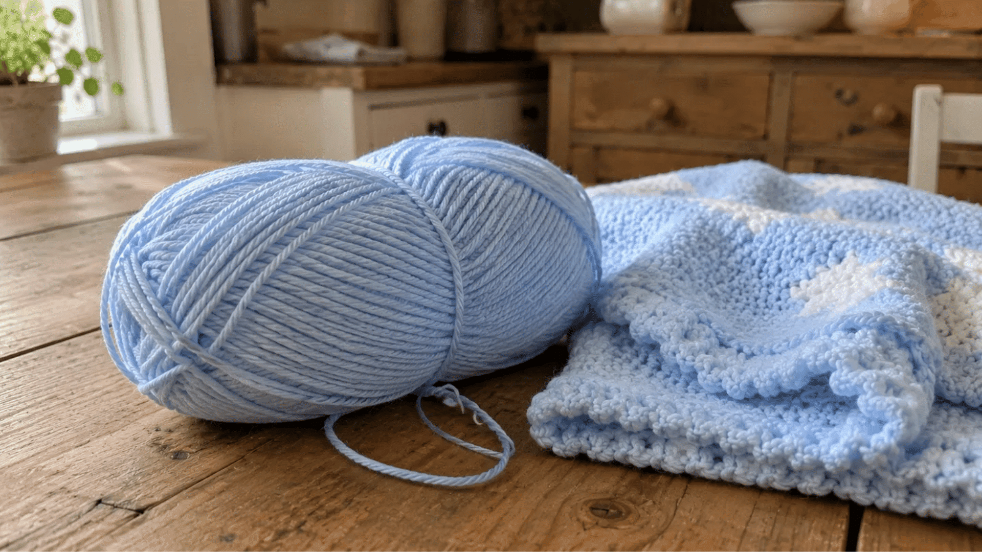 soft baby blue yarn skeins beside a partially finished knitted baby blanket on a rustic farmhouse table