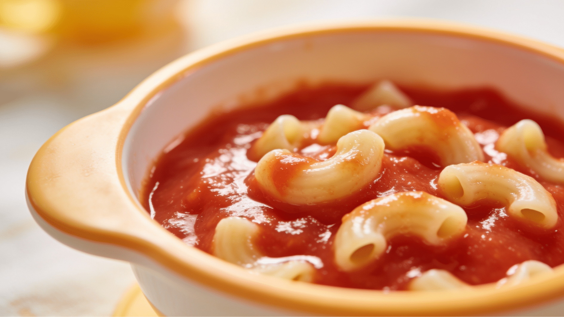 soft cooked pasta with tomato puree in a baby bowl with fresh tomatoes nearby