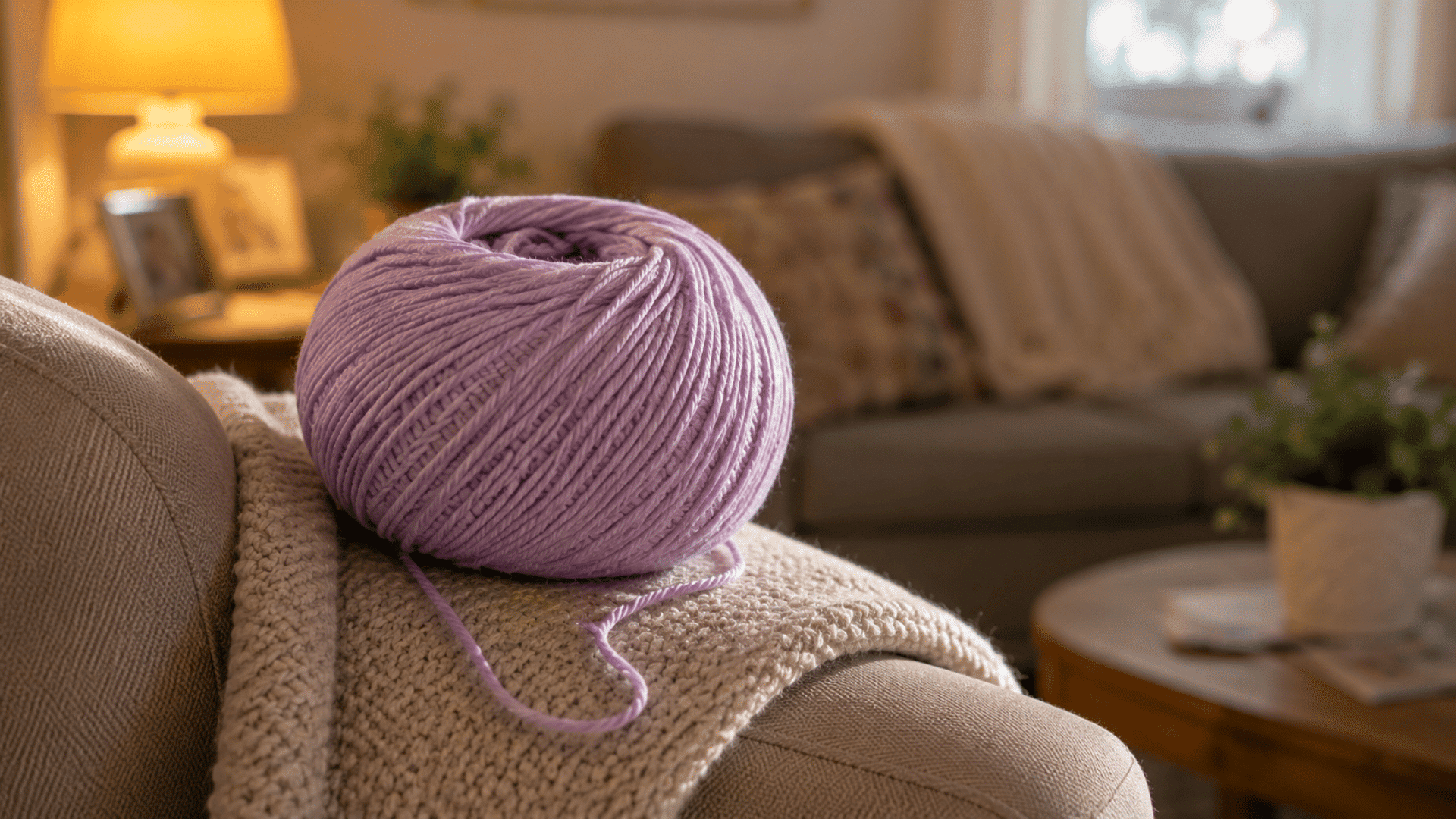 soft lavender purple yarn ball on a cozy armchair armrest with a knitted throw blanket in a warm living room