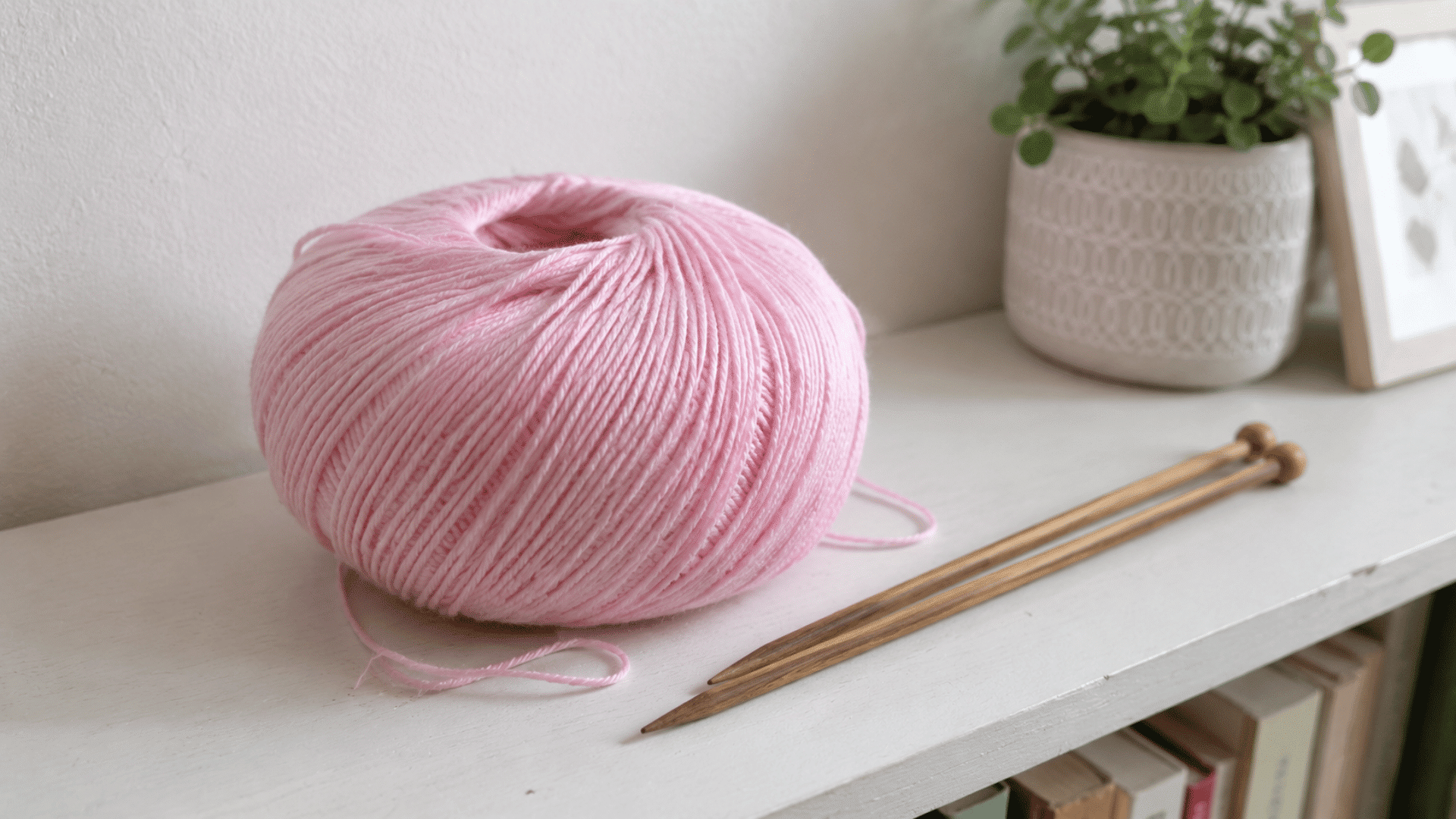 soft pastel pink lightweight yarn ball with wooden knitting needles on a white shelf in a cozy home setting