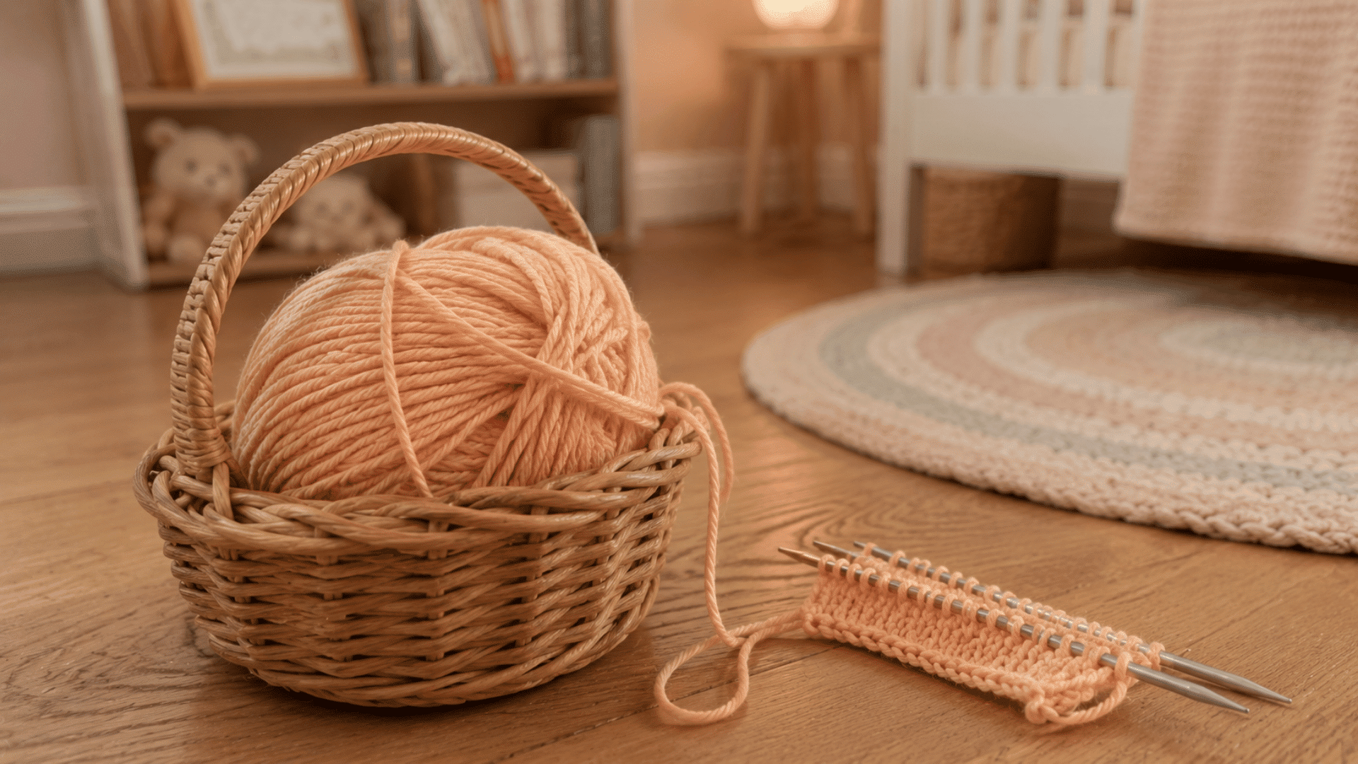 soft peach yarn ball in a wicker basket with knitting needles on a wooden nursery floor beside a white crib