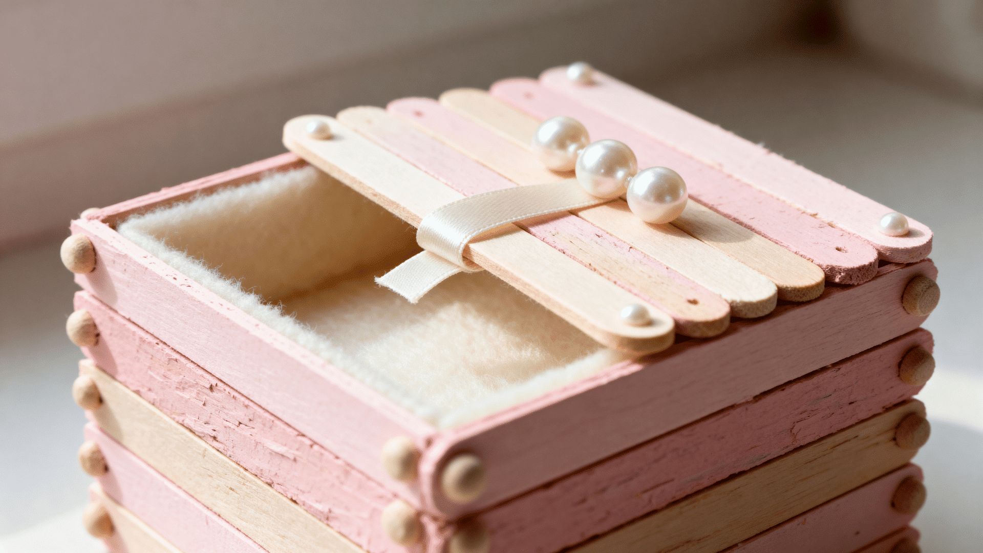 soft pink jewelry box made from stacked popsicle sticks with felt lining