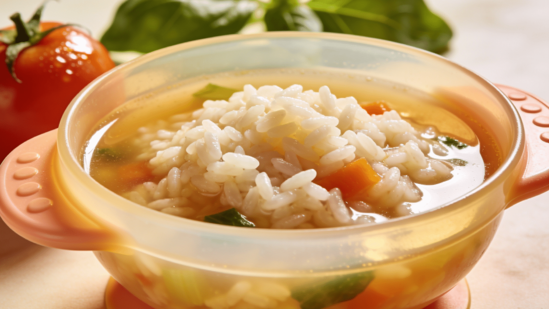 soft rice with vegetable broth in a baby bowl with vegetables in the background