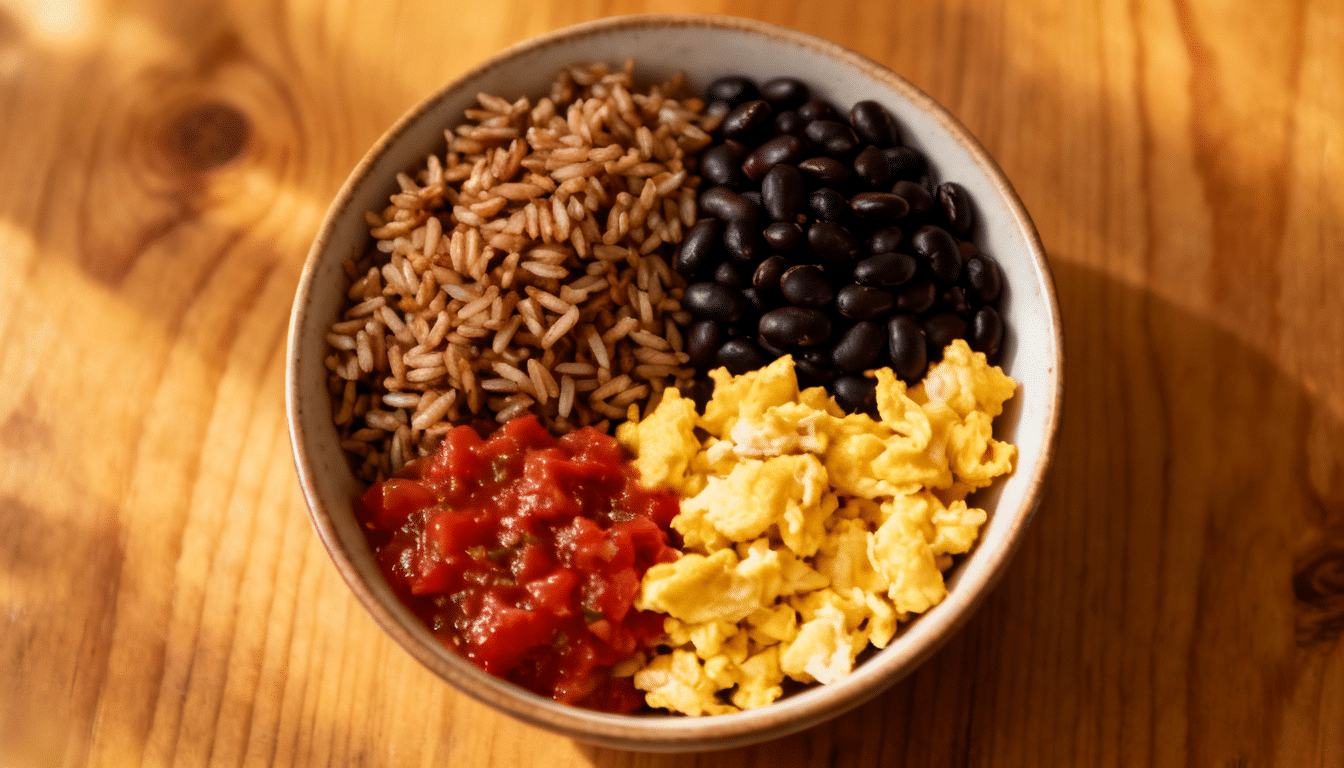 southwest breakfast bowl with brown rice black beans scrambled eggs salsa and corn in a ceramic bowl on wooden table