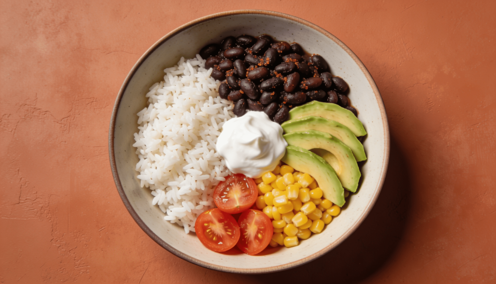 southwest rice bowl with black beans, white rice, avocado, corn, cherry tomatoes, and a dollop of sour cream in a ceramic bowl