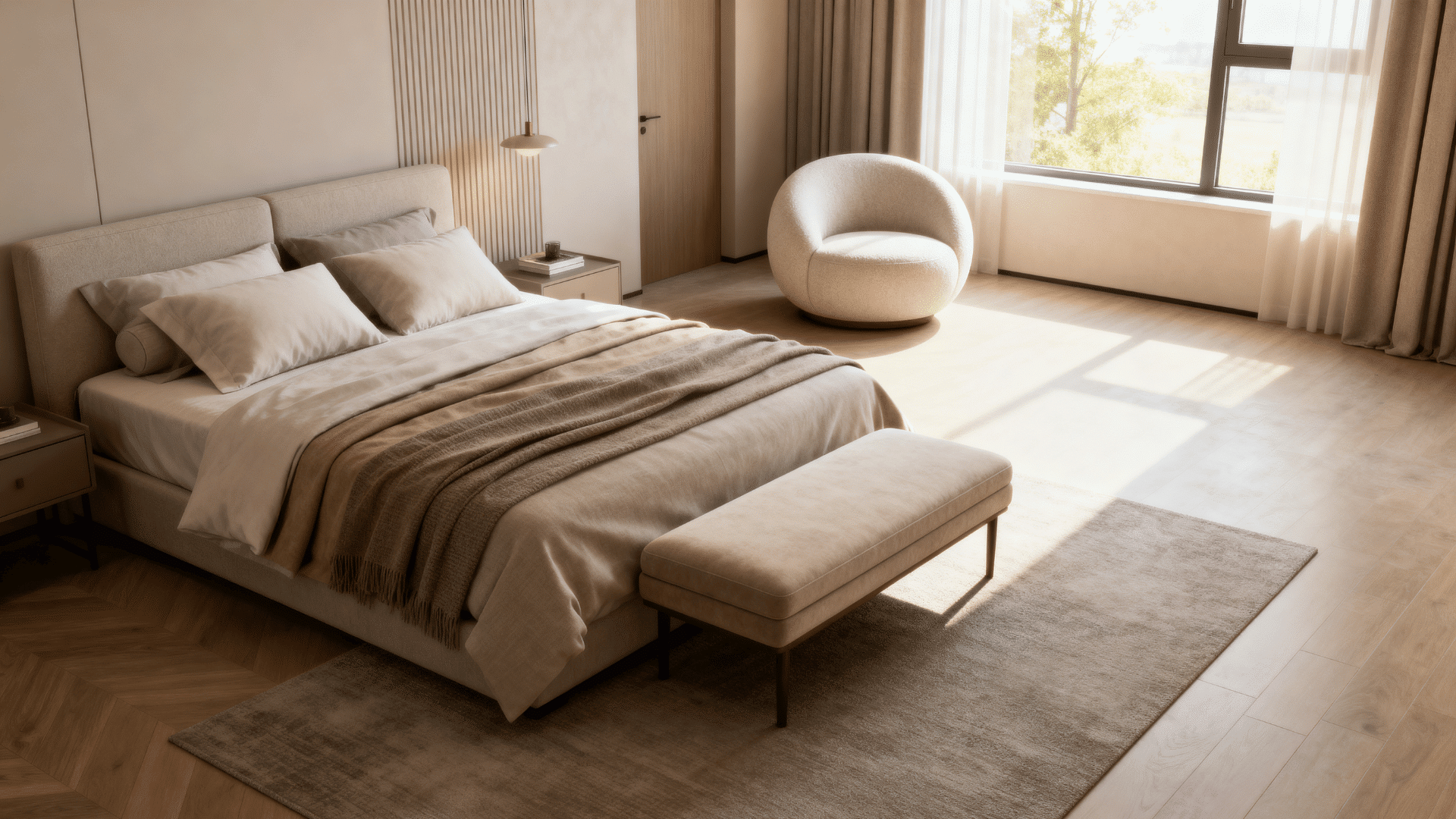 spacious bedroom with a bench and accent chair