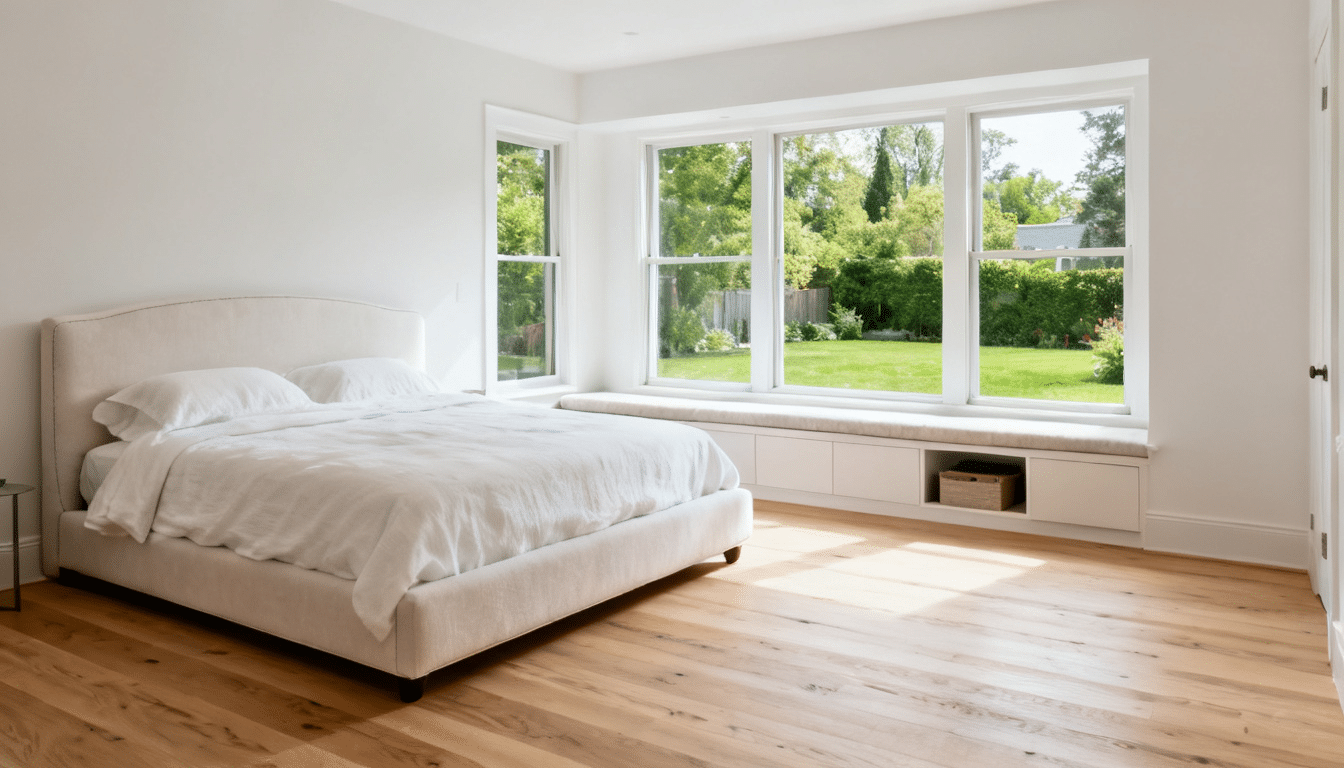spacious guest suite addition with king-size bed, built-in window seat, large windows, and backyard views