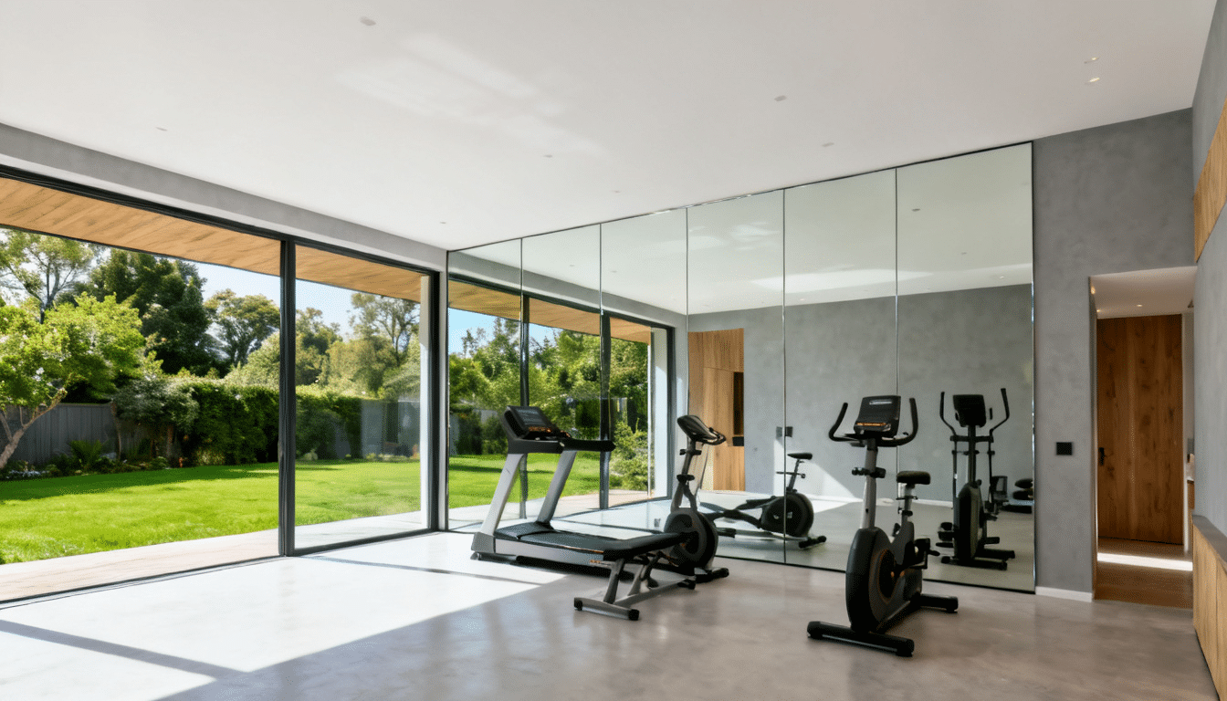 spacious home gym addition with floor-to-ceiling windows, mirrored wall, fitness equipment, and backyard views