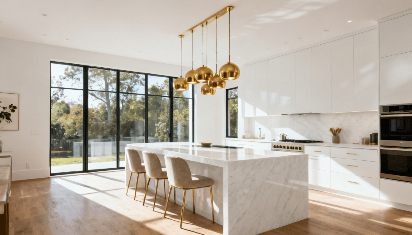 spacious kitchen expansion with oversized marble island, statement pendant lighting, and large backyard-facing windows