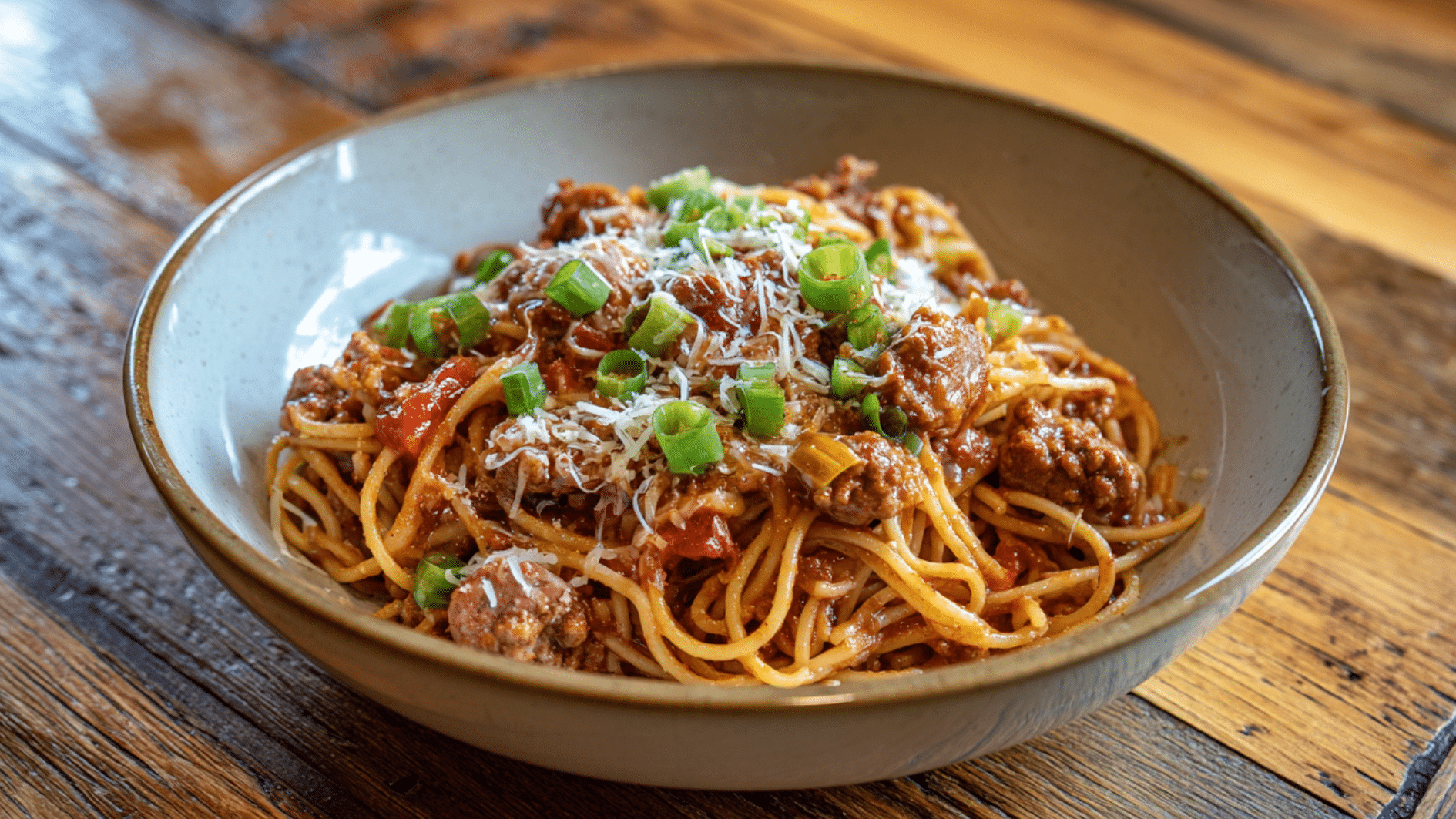 spaghetti with meat sauce topped with parmesan cheese and chopped green onions served in a rustic ceramic bowl.