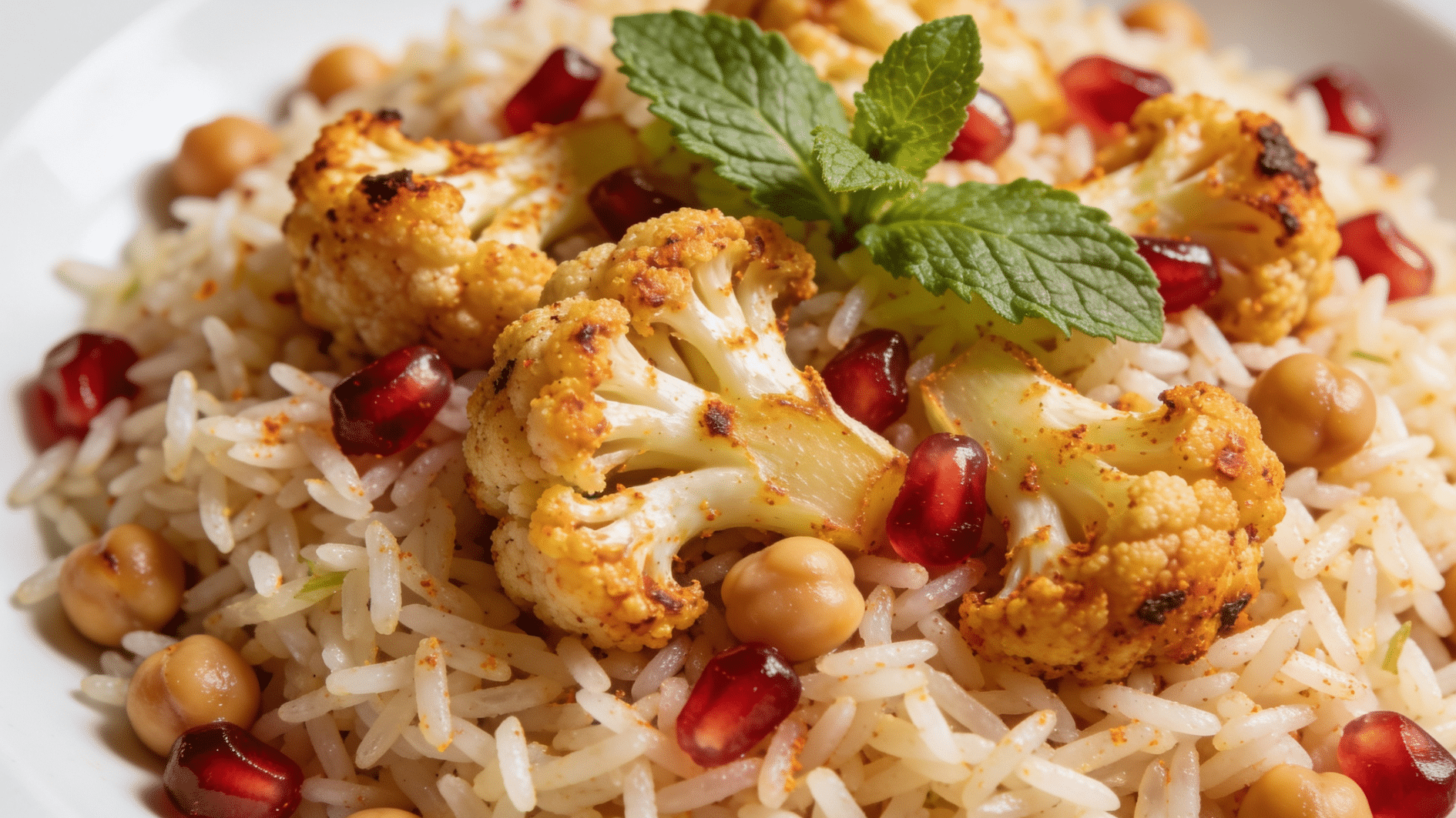 spiced cauliflower chickpea rice with mint pomegranate seeds and warm spices