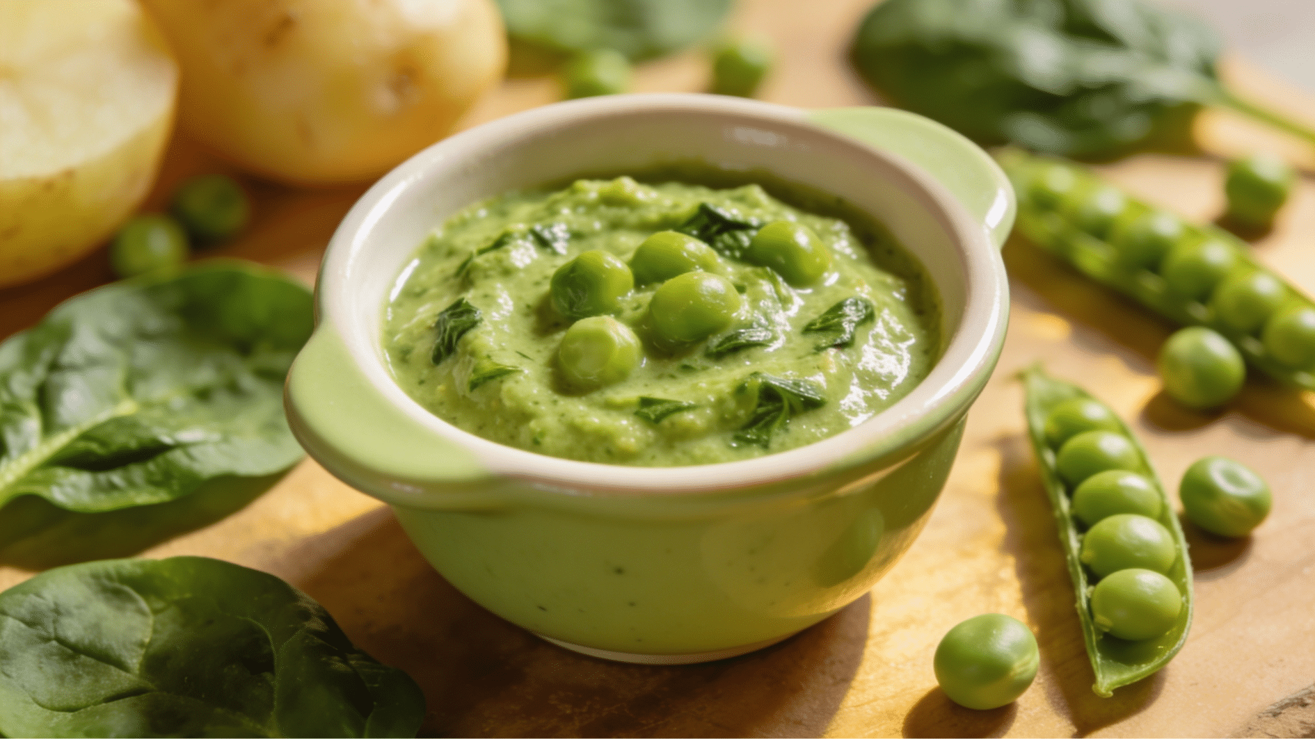 spinach pea and potato blend in a bowl with fresh vegetables arranged around it