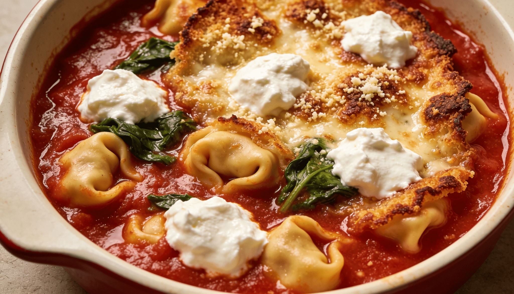 spinach ricotta stuffed tortellini bake with cheese-filled tortellini, rich marinara sauce, melted mozzarella