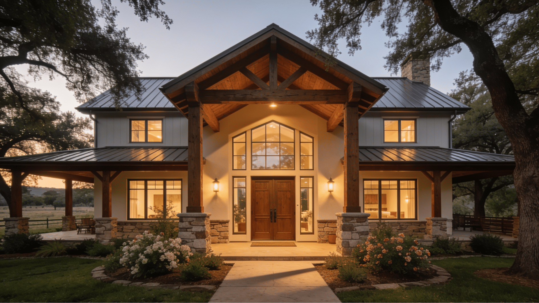 split bedroom barndominium with separate wings central living area and covered entry