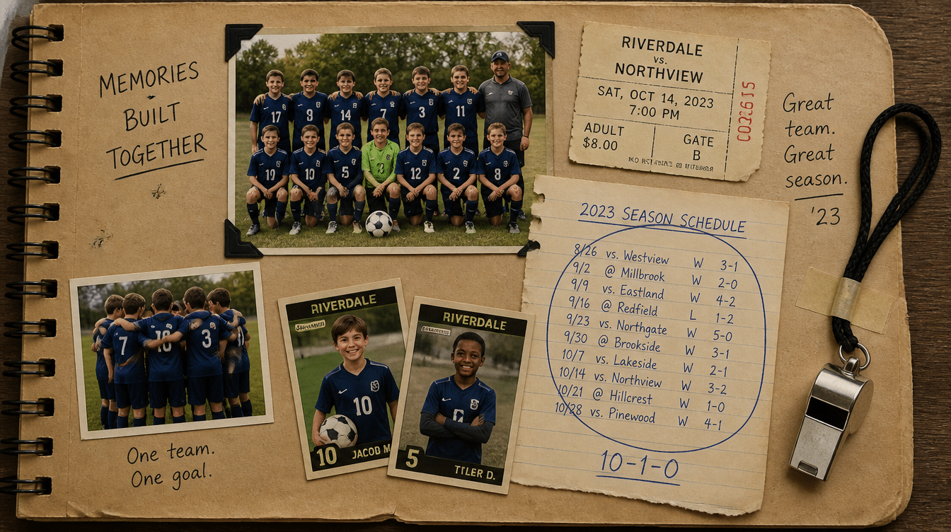 sports season scrapbook page with team photos, player cards, game ticket, season schedule, and coach whistle on kraft paper background