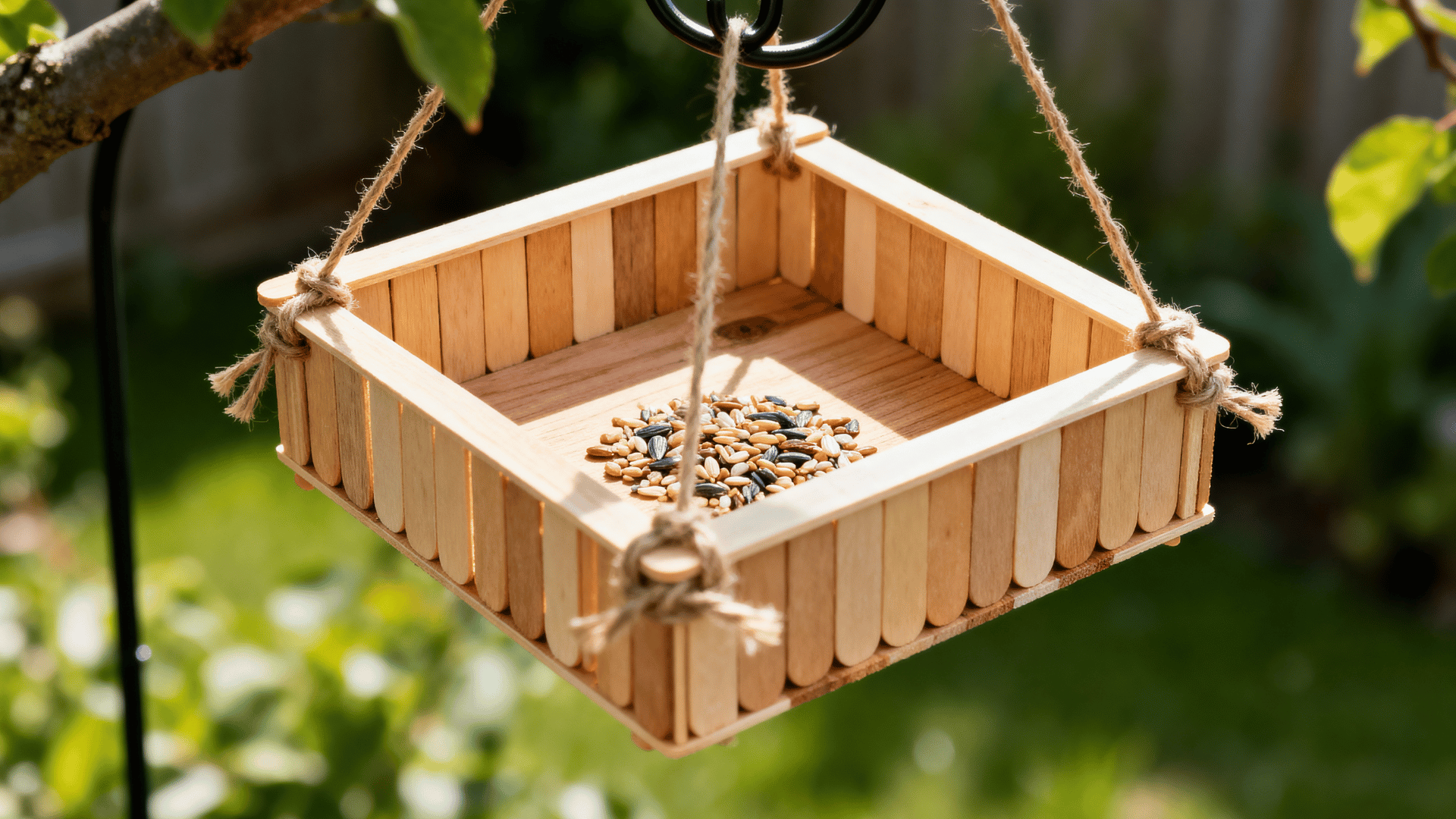 square popsicle stick bird feeder with twine and birdseed hanging outdoors