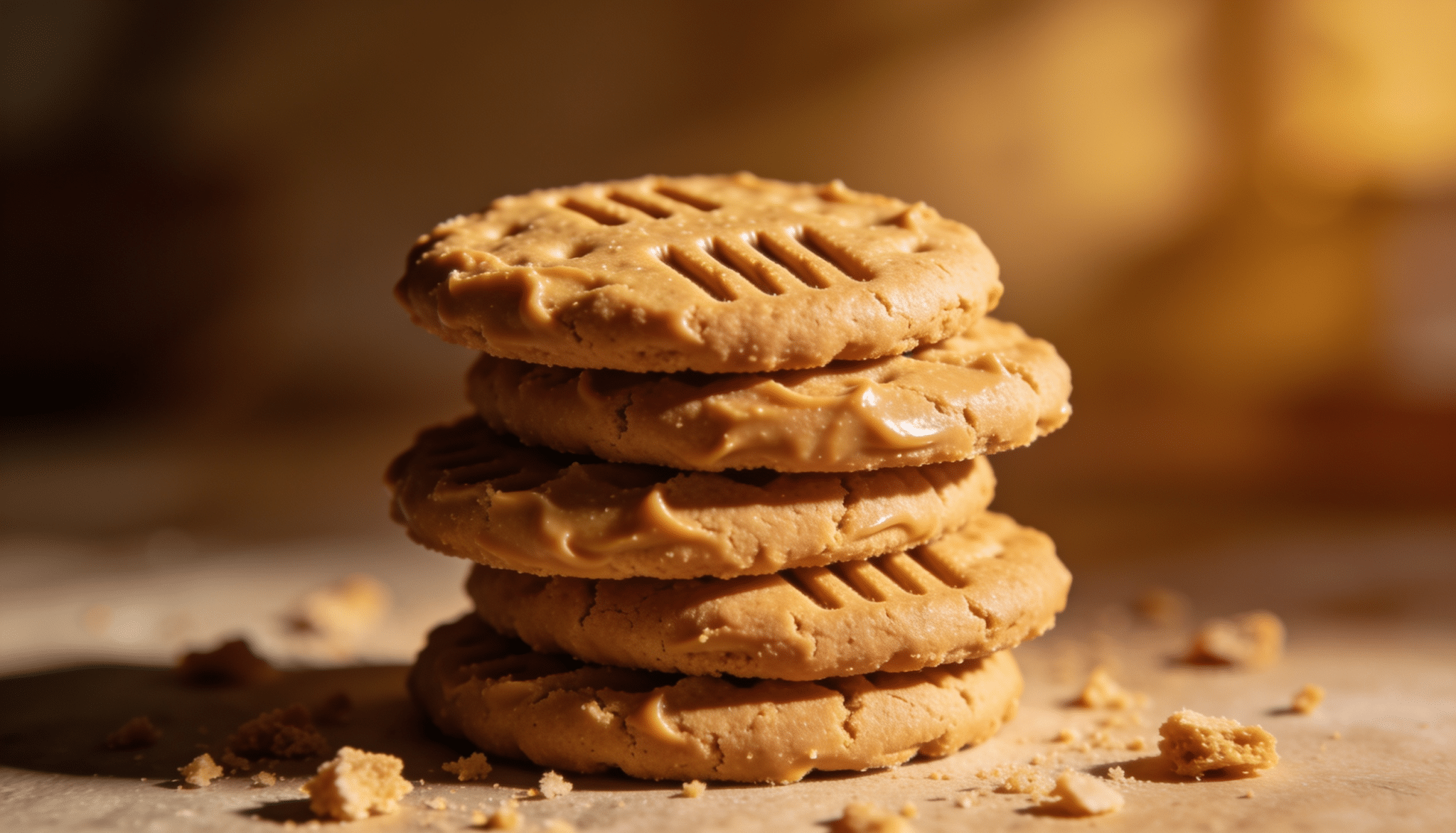 stack of homemade peanut butter cookies with fork marks on a wooden surface and warm blurred background