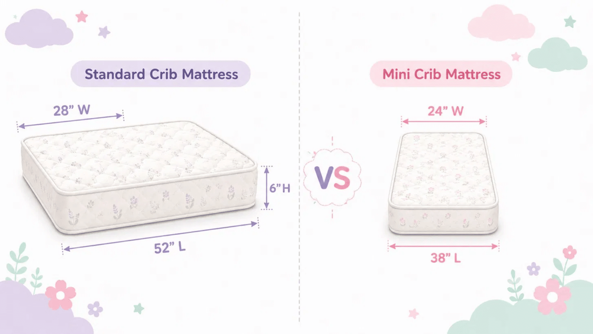 standard crib mattress 52x28 inches vs mini crib mattress 38x24 inches size comparison