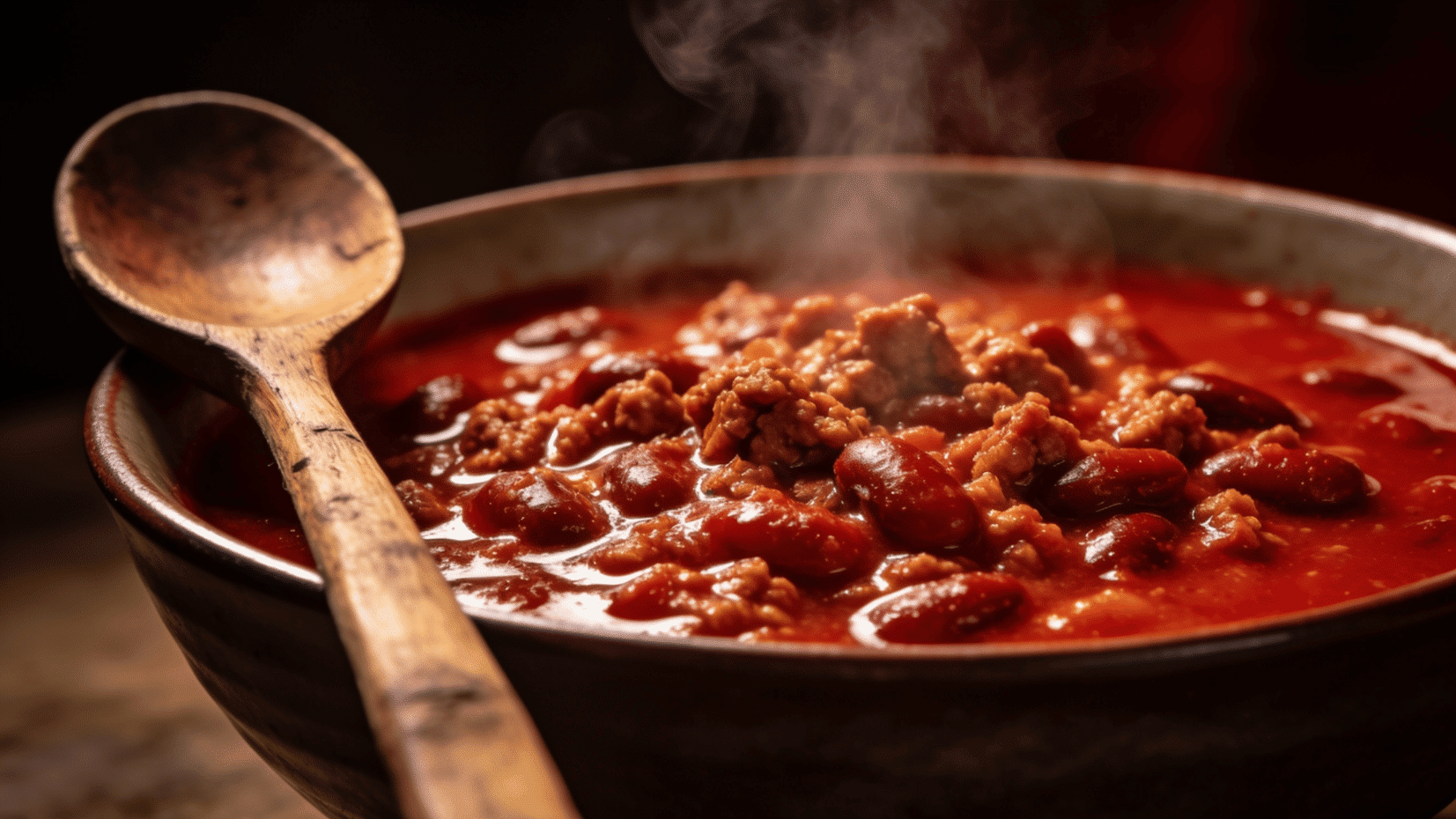 steaming ground turkey chilli with kidney beans and wooden spoon