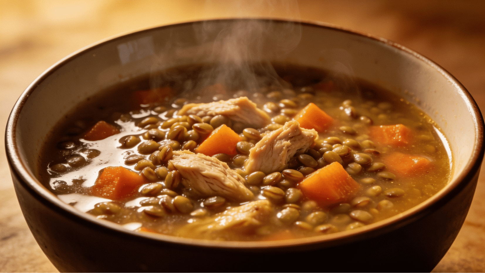 steaming turkey and lentil soup with carrots in a bowl