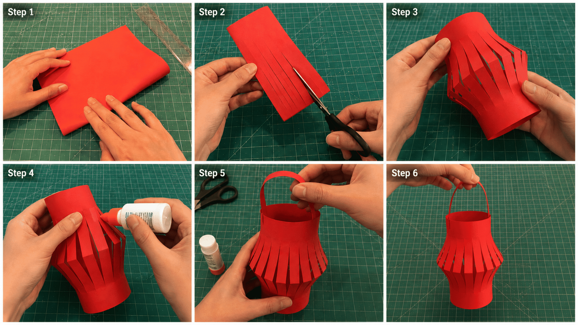 step by step collage showing how to make a red paper lantern using folding, cutting, and gluing on a craft mat