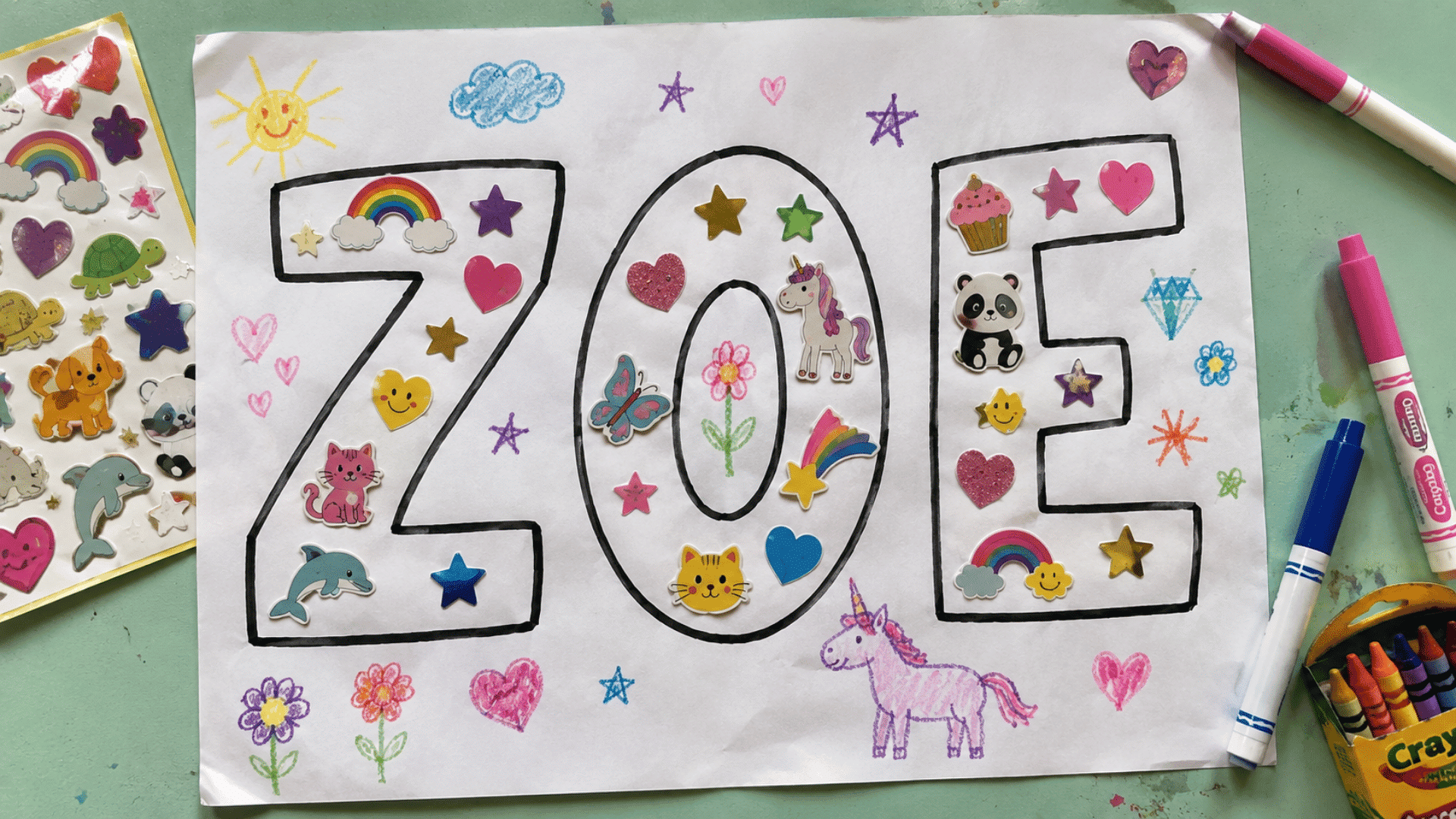 sticker name art with animal and rainbow stickers and crayon doodles on mint table