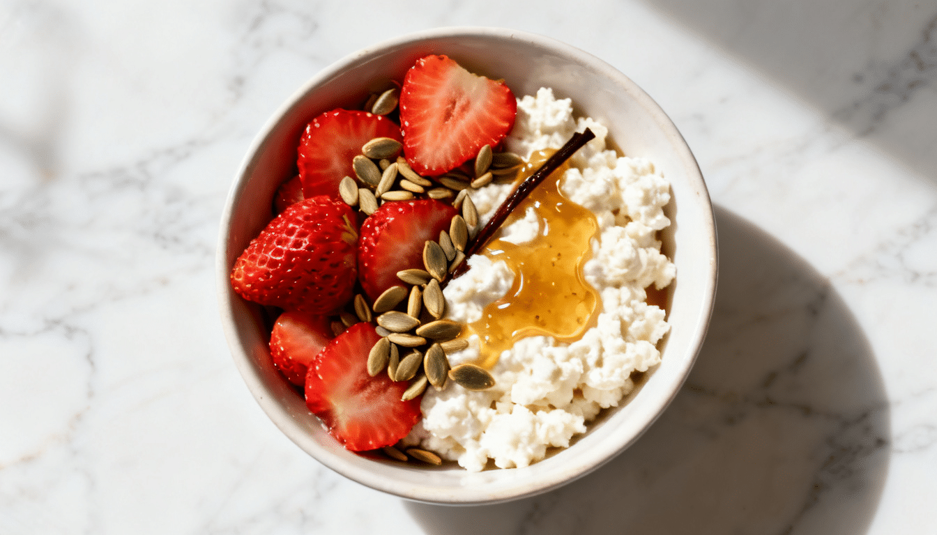 strawberry cottage cheese bowl topped with fresh strawberries pumpkin seeds and honey in a white bowl on marble surface