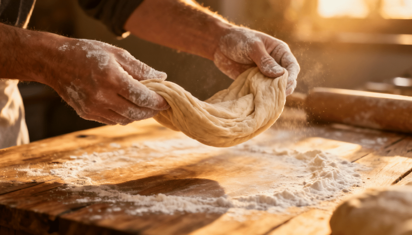 stretching and folding bread dough over a floured wooden surface during the kneading process in a home kitchen