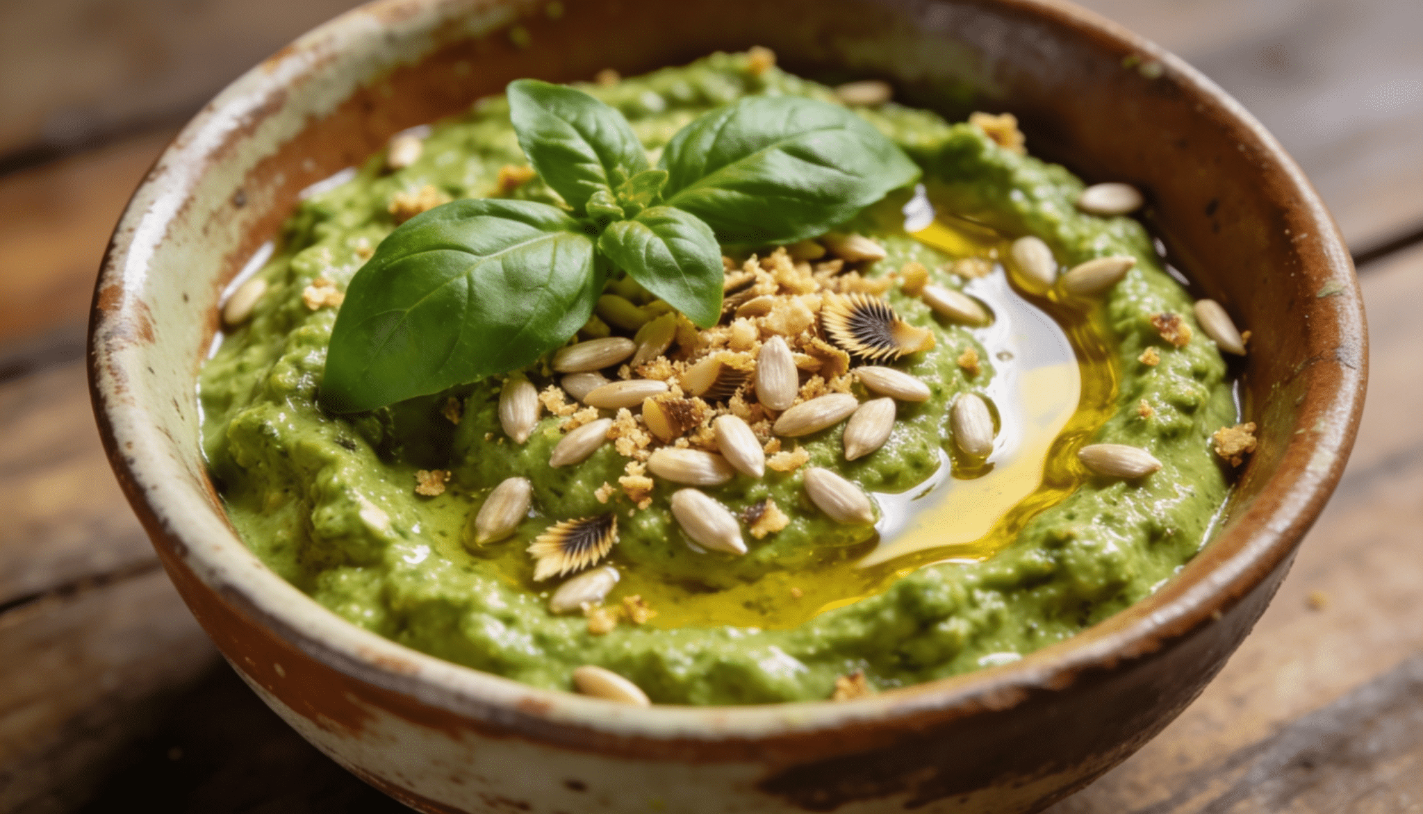 sunflower seed pesto in rustic ceramic bowl topped with basil leaves, seeds, breadcrumbs, and olive oil drizzle