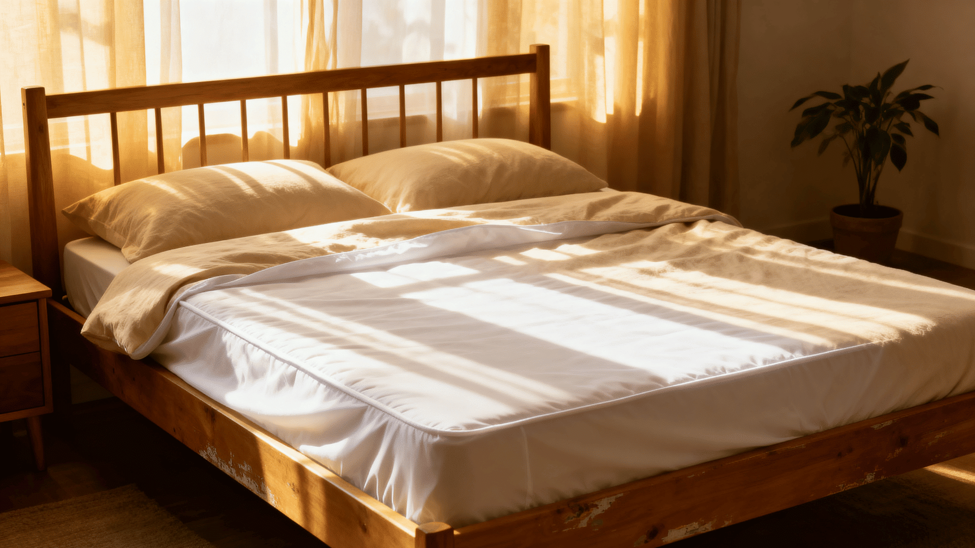 sunlit bed with white mattress protector and neutral bedding in a warm wooden bedroom