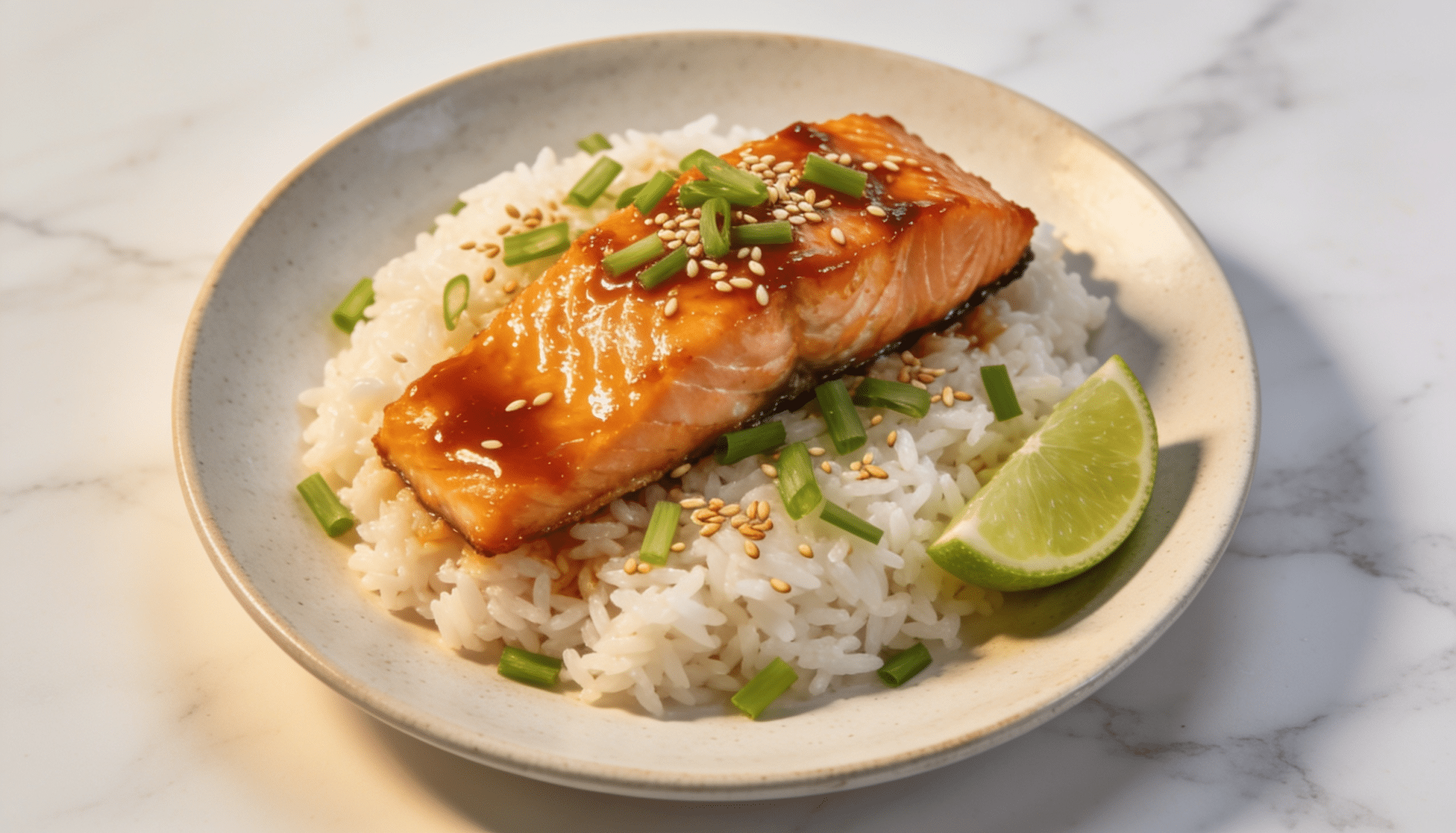 sweet chili salmon served over fluffy white rice with sesame seeds, green onions, and a fresh lime wedge in a ceramic bowl