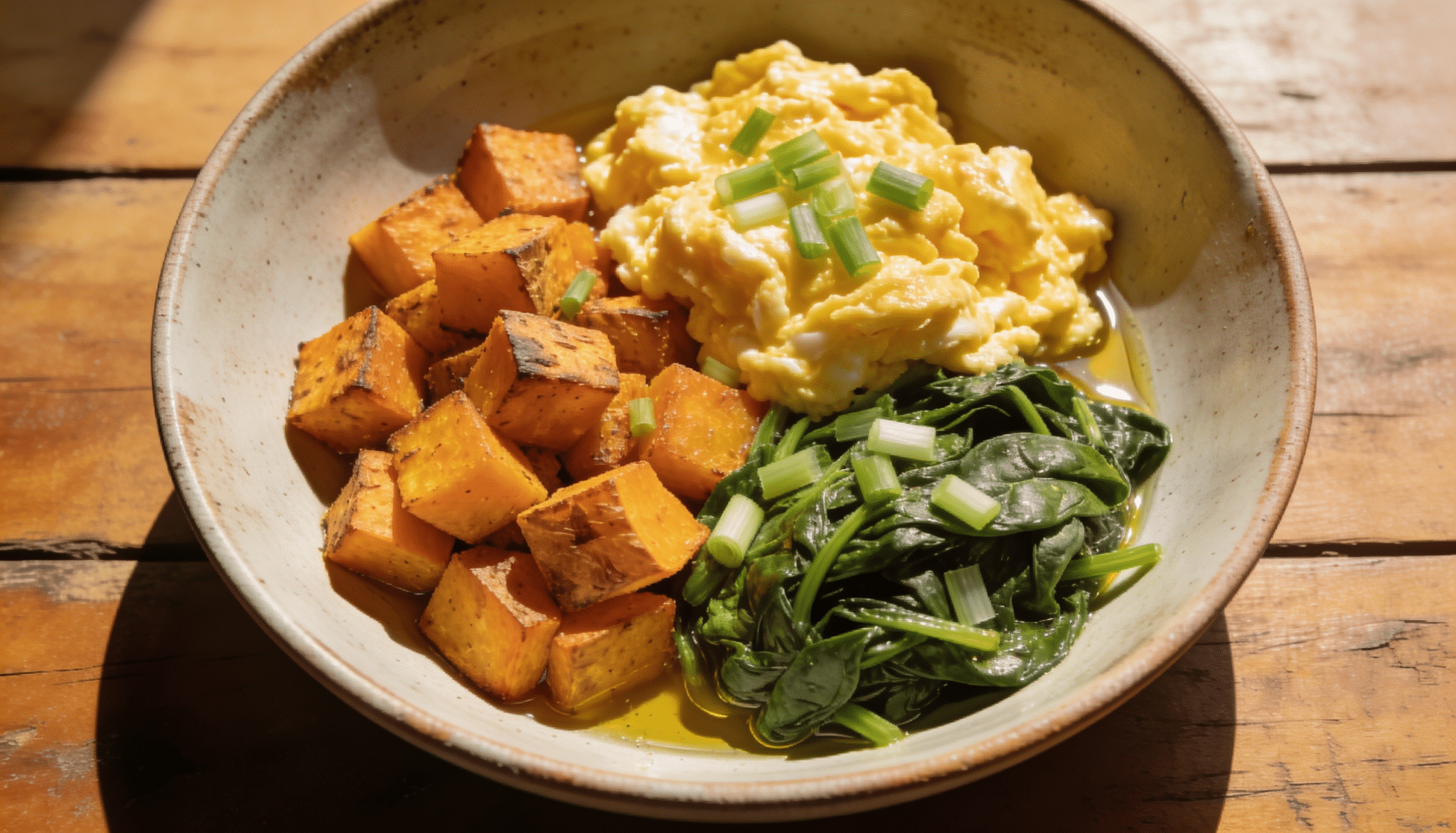 sweet potato and egg breakfast bowl with roasted sweet potatoes scrambled eggs spinach and green onions in a ceramic bowl on wood table