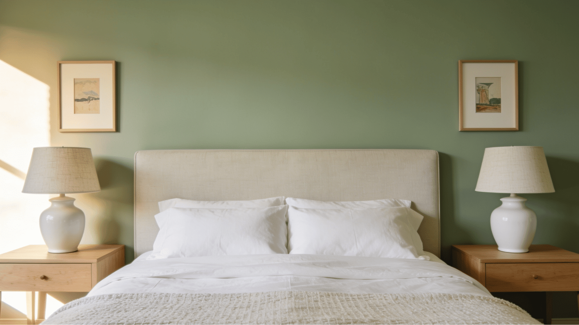 symmetrical master bedroom setup with matching oak nightstands identical lamps and sage green walls